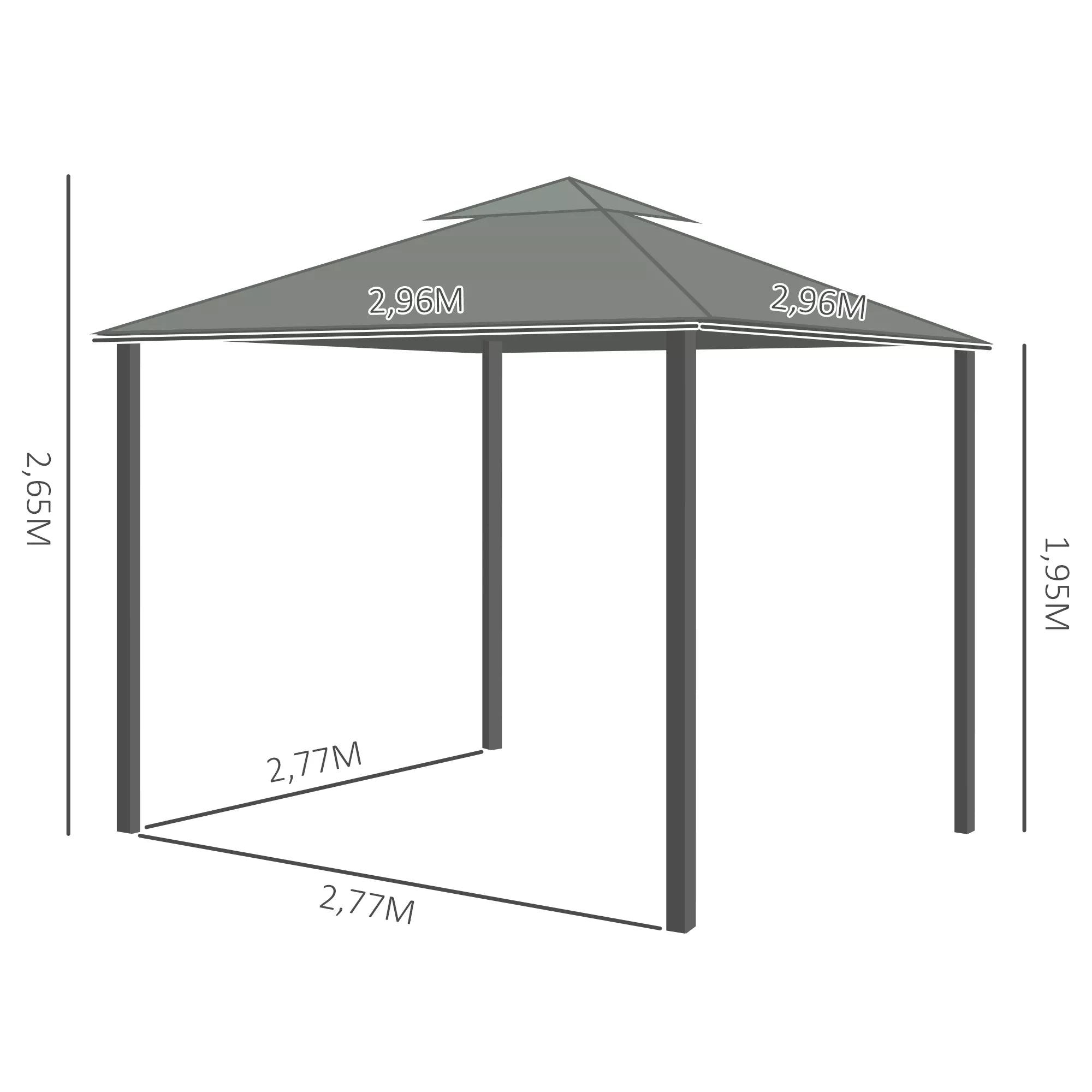 Sodo paviljonas Paviljonas 2,96 x 2,96 m Sodo palapinė su dvigubu stogu Šventinė palapinė su 4 šoninėmis dalimis Moskitų tinklas Atsparus atmosferos poveikiui Aliuminis Poliesteris Tamsiai pilka