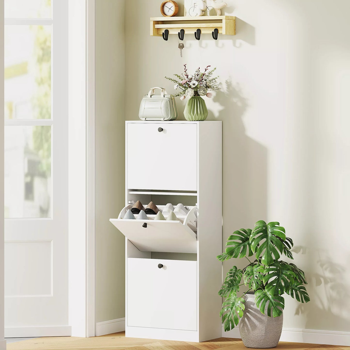 Batų spintelė, 3 stalčiai, talpa iki 12 porų batų, medžio drožlių plokštė, balta