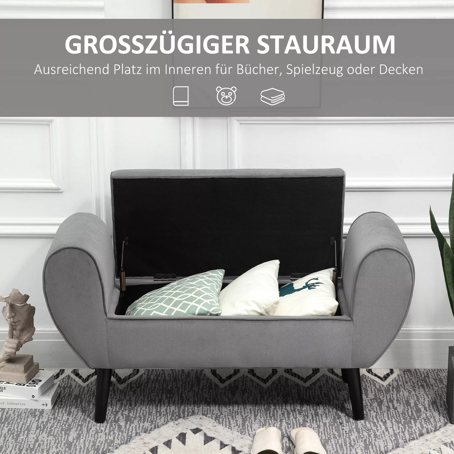 Paminkštintas suoliukas su daiktadėže ir porankiais, skrynios tipo suoliukas prieškambariui, miegamajam, svetainei, 118 x 42 x 66 cm, tamsiai pilkos spalvos