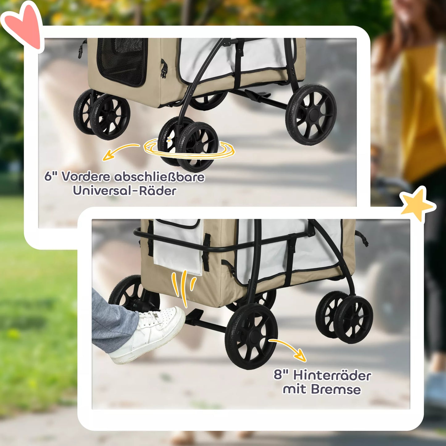 Šunų vežimėlis augintiniams, sulankstomas, su nuimamu krepšiu, 81 x 58 x 97,5 cm, juoda+chaki+balta