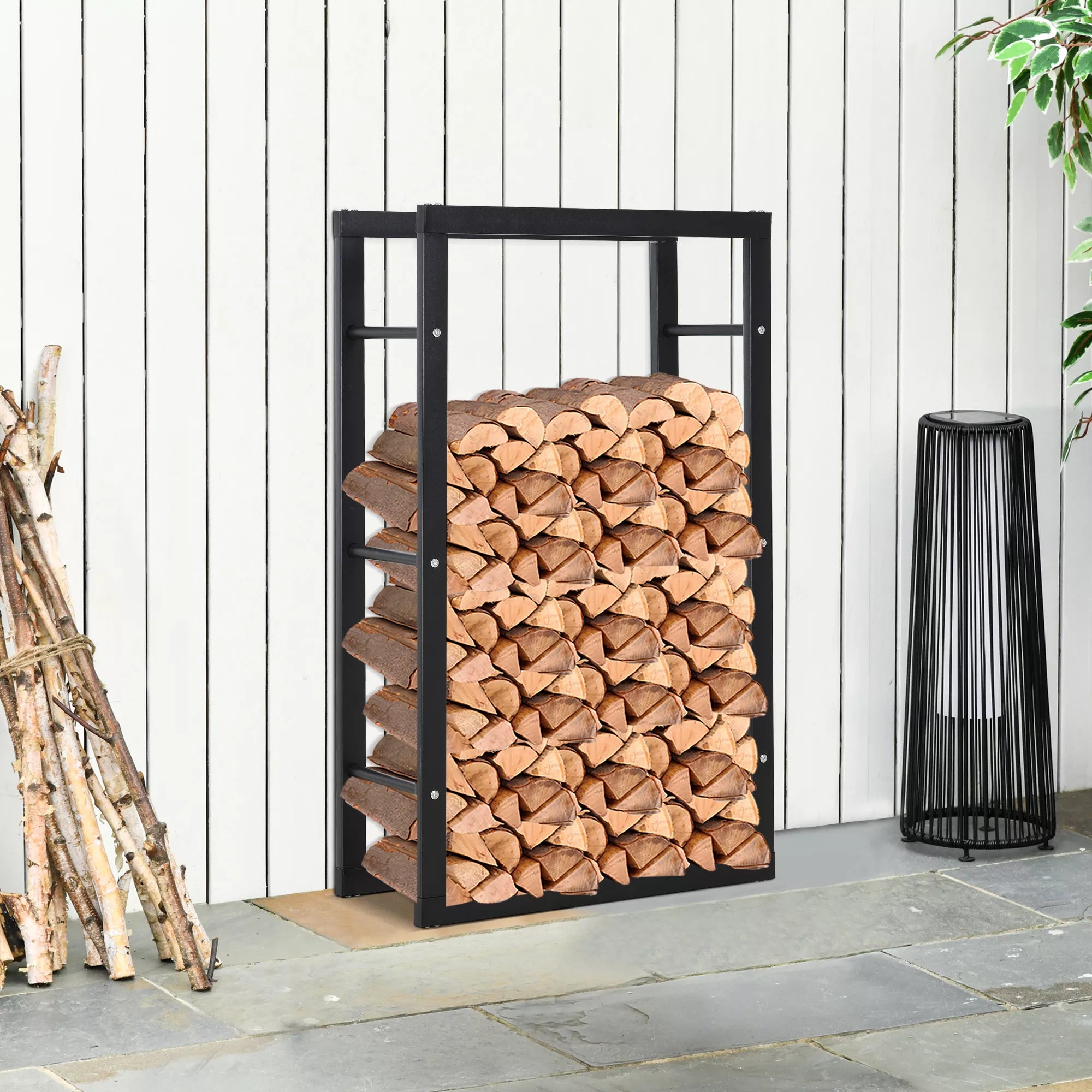 Metalinė malkų lentynėlė 60 x 25 x 100 cm Malkų lentynėlė Stiprinimo pagalba Plieninis rėmas iki 100 kg Malkų laikymo vieta Lauko medinė lentynėlė Malkų lentynėlė sodui Terasai Lauko Juoda