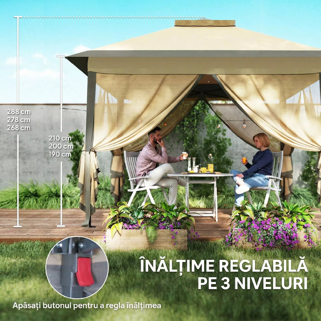 Sulankstomas paviljonas, sodo paviljonas, metalas ir audinys, tinklinės užuolaidos, drenažo angos, 330L x 330B x 288H cm, smėlio spalvos