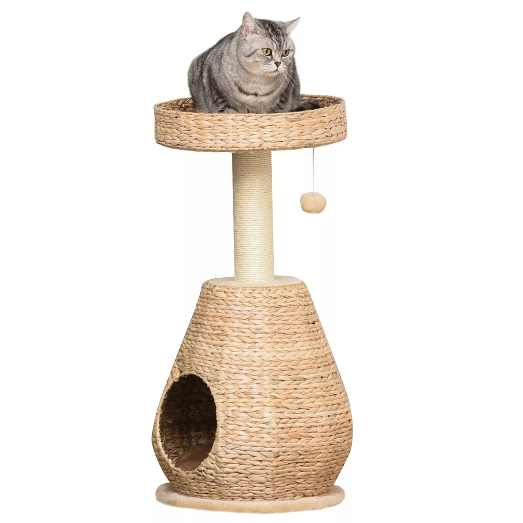 Kačių medis, kačių draskyklė, baldai kačiukams su kačių urvu, kamuoliuko žaislas, sizalis, minkštas pliušas, aukštis 82,5 cm, geltonas