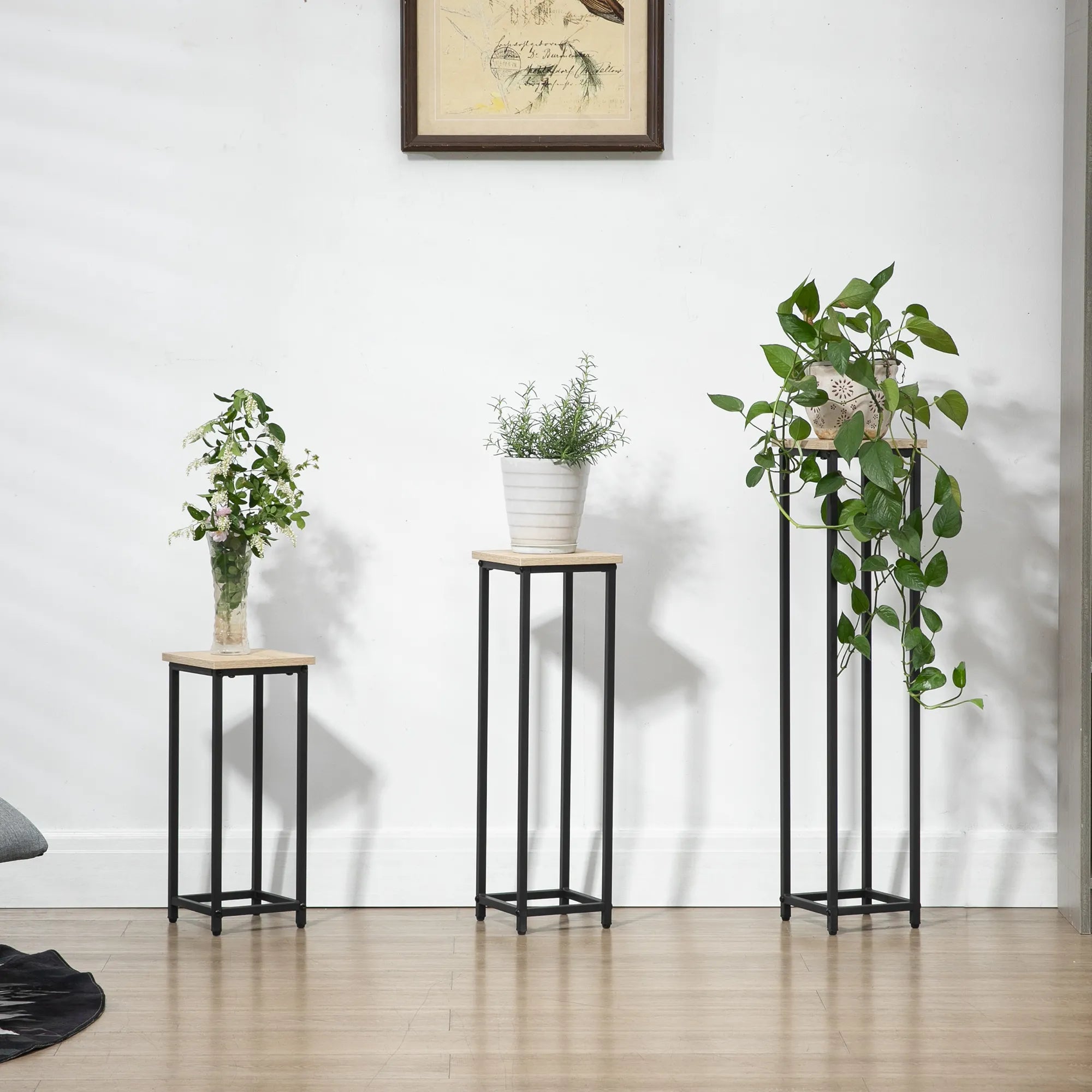 3 dalių rinkinys, sukraunami augalų stovai, taupantys vietą, 21 cm x 21 cm x 50/70/90 cm, plienas, rudi + juodi