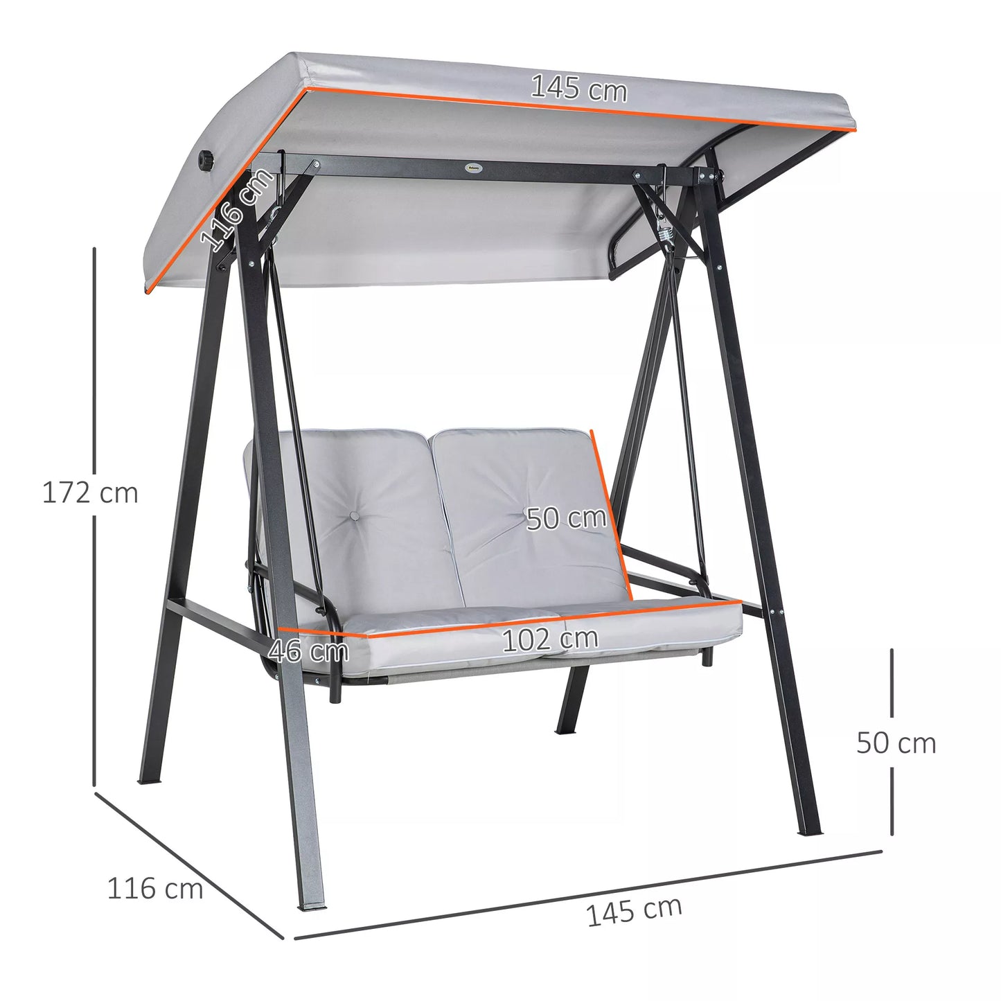 Holivudo sūpynės, 2 vietos sodo sūpynės su reguliuojamu stogu, atlaiko iki 220 kg svorį, 145 x 116 x 172 cm, pilkos spalvos