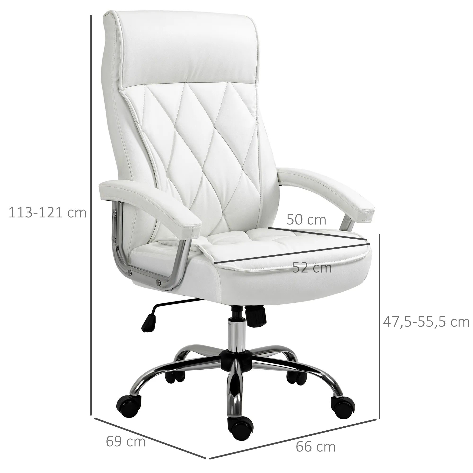 Biuro kėdė, ergonomiška rašomojo stalo kėdė, aukščio reguliavimo pasukama kėdė su svyravimo funkcija, rombų raštas, dirbtinė oda, paminkštinta vadovo kėdė, balta
