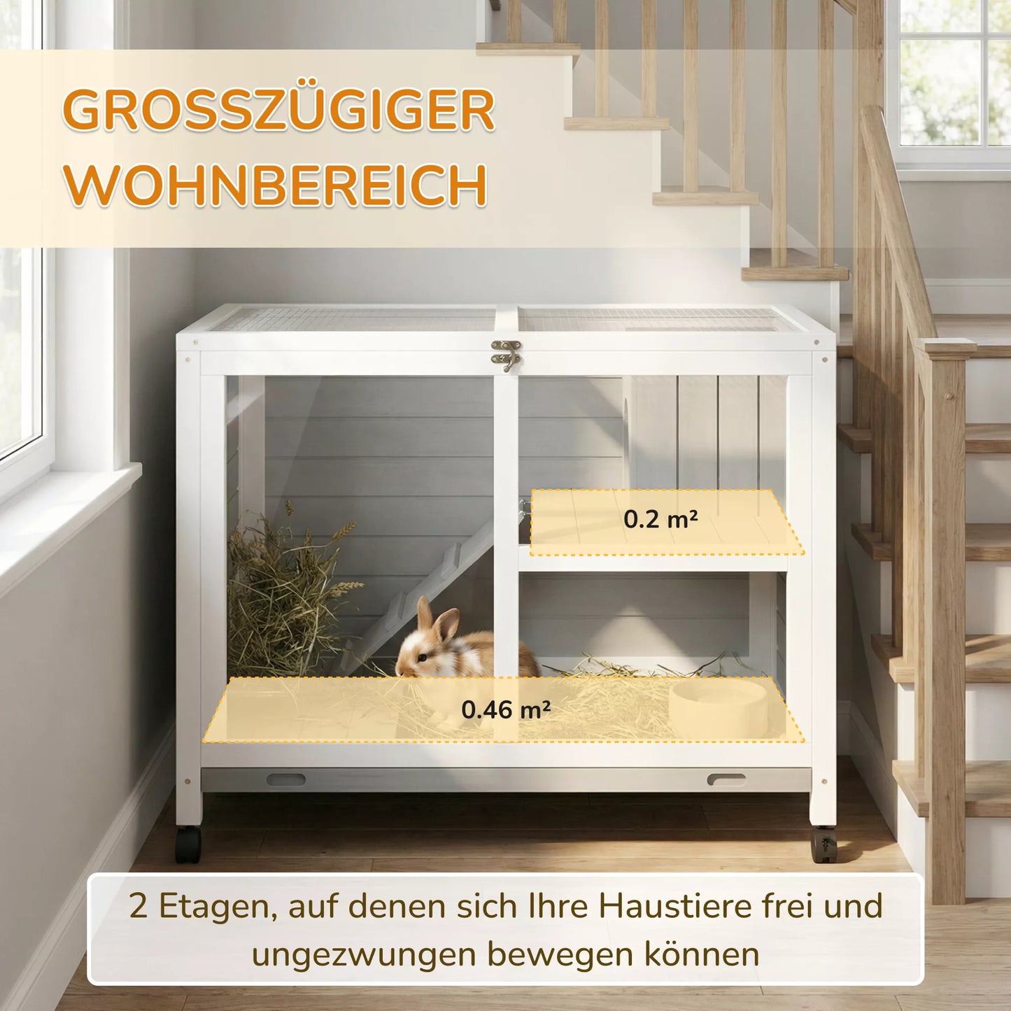 Mažų gyvūnų narvas su 2 lygiais, 4 ratukais, užsandarintas pušies medžio, pilkos spalvos