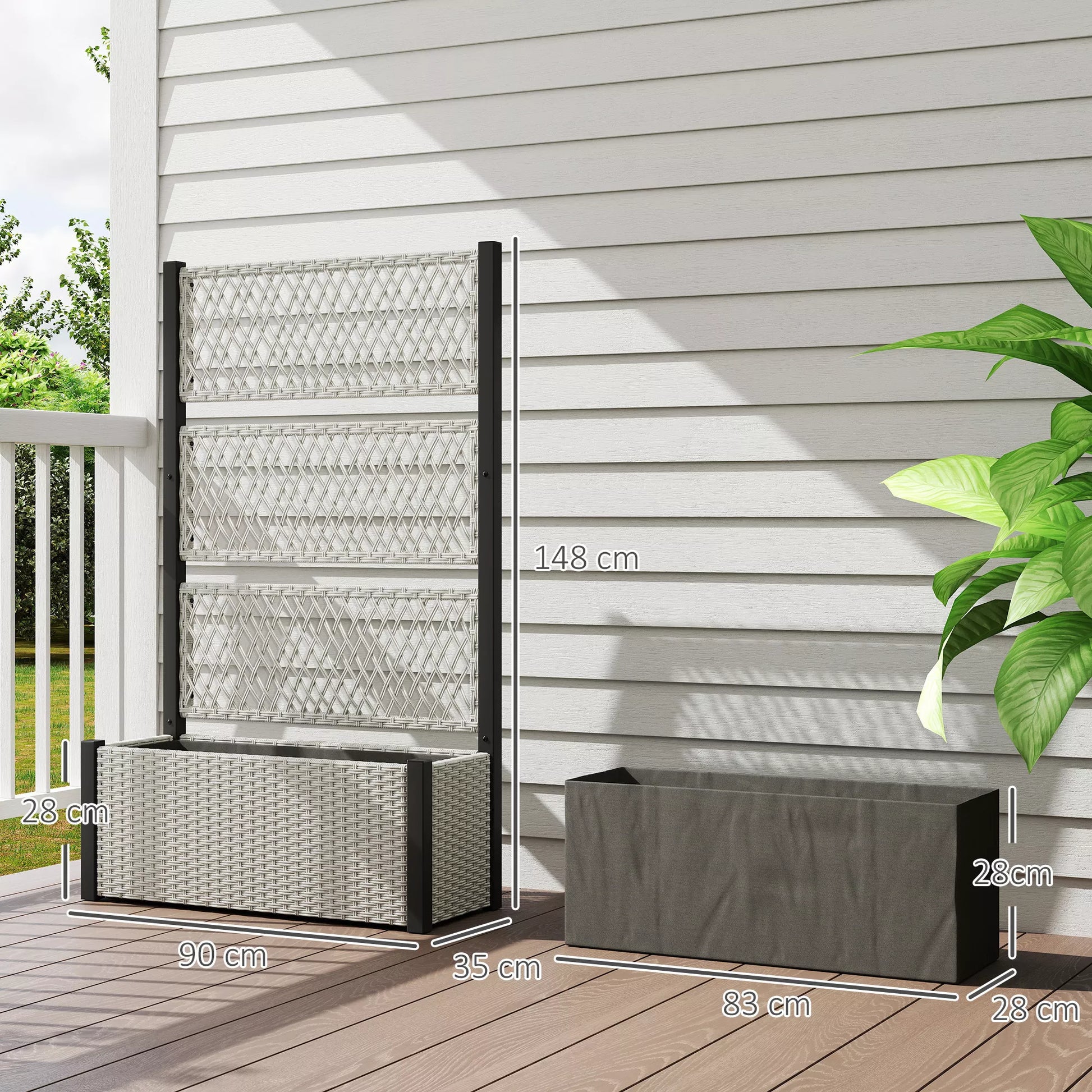 Pakelta lysvė, sienelė su atrama vijokliniams augalams, ratanas, 90x35x148 cm, pilka