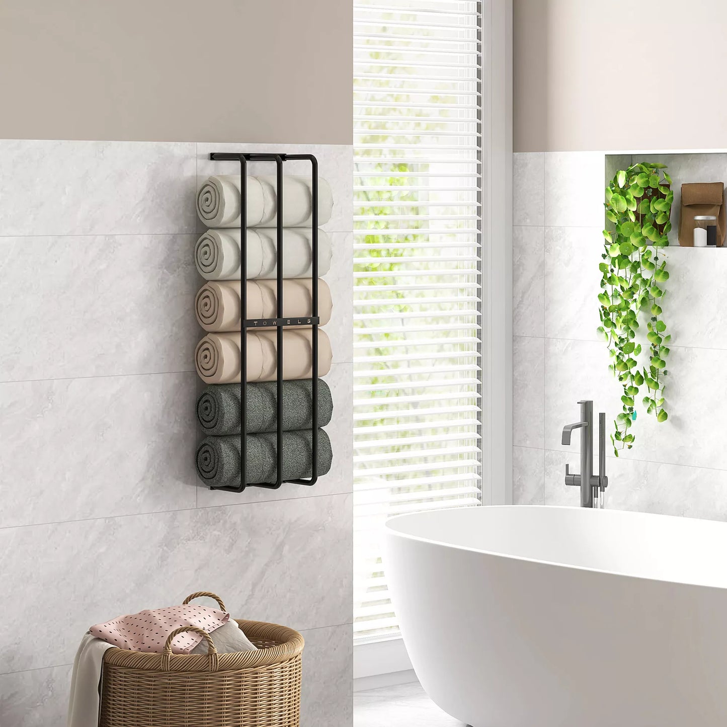 Rankščių laikiklis, sieninis laikiklis 6 dideliems rankšluosčiams, Metalo, 21x12x74cm, Juodas