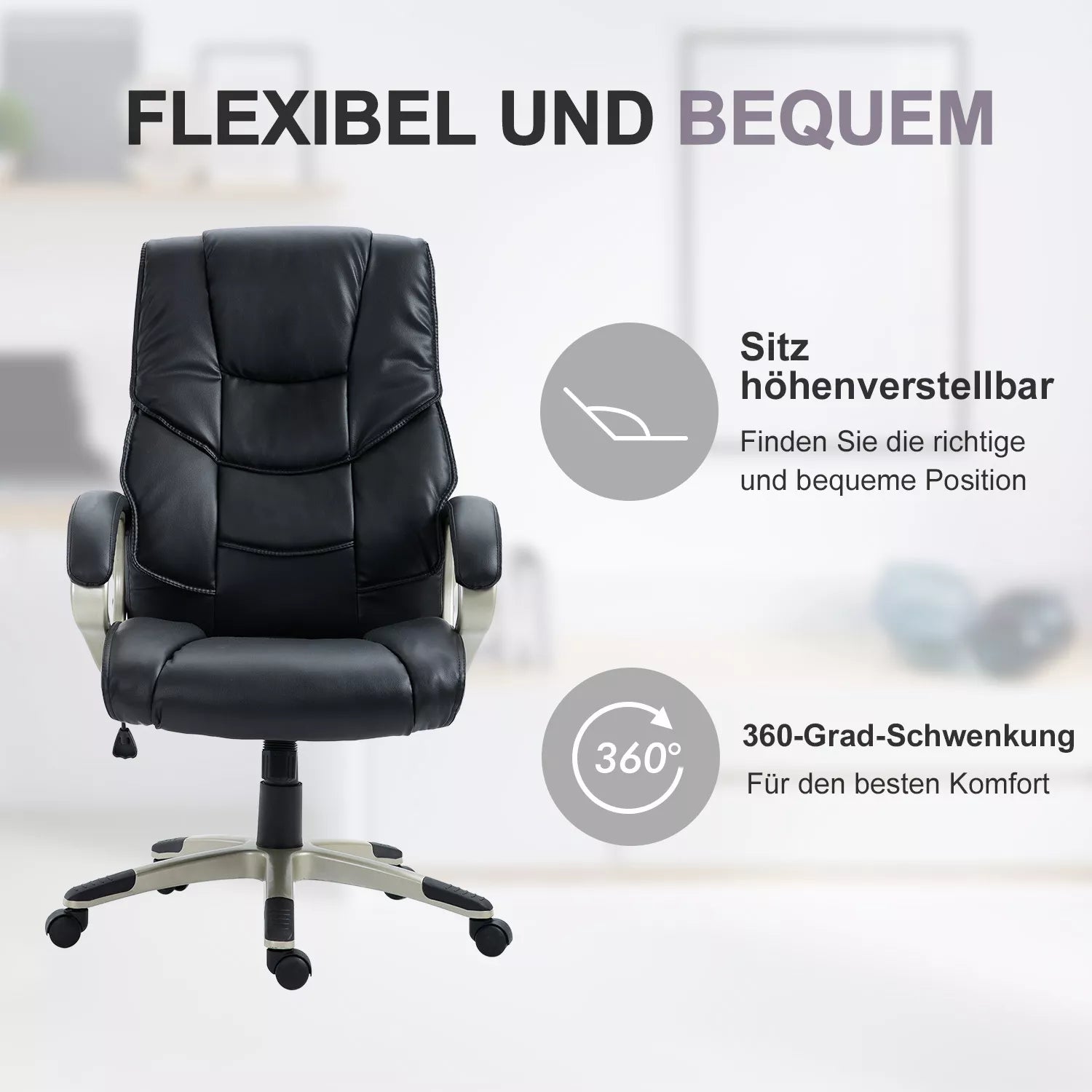 Biuro kėdė, vadovo kėdė su svyravimo funkcija, ergonomiška sukama kėdė, sportinio dizaino, su aukšta atlošo atrama, juoda, dirbtinė oda, metalas, 70 x 58 x 114–124 cm