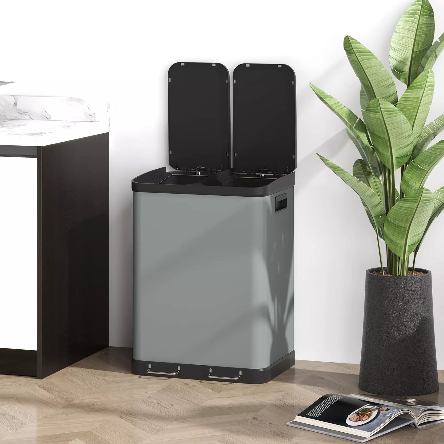 Dvigubos talpos šiukšliadėžė, 2 x 30L, atspari pirštų atspaudams, su pedalu, su išimamu vidiniu kibiru, pilka