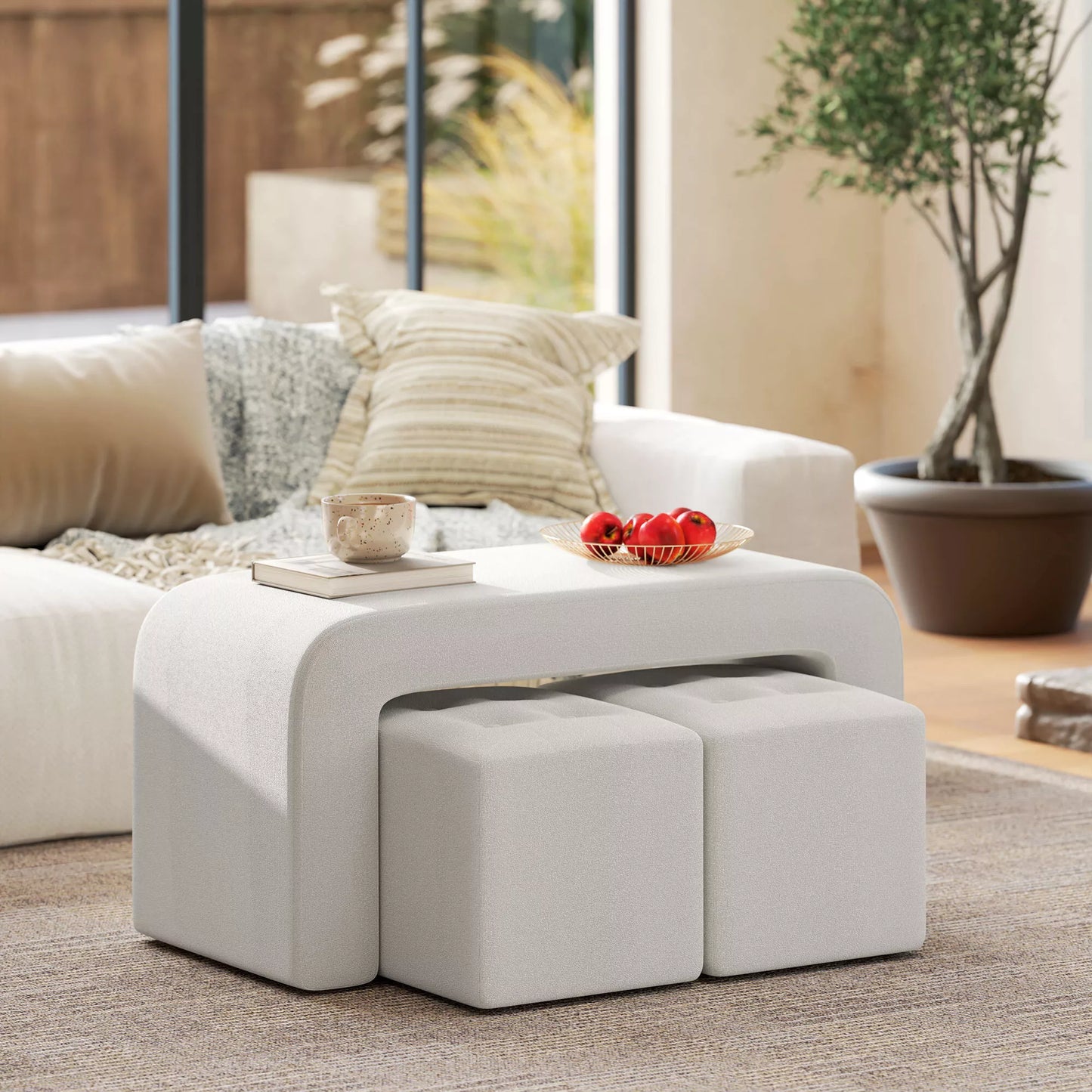 Pufų komplektas, 3 dalių, su sagčių dygsniavimu, 89 cm x 42,5 cm x 45 cm, kreminės spalvos