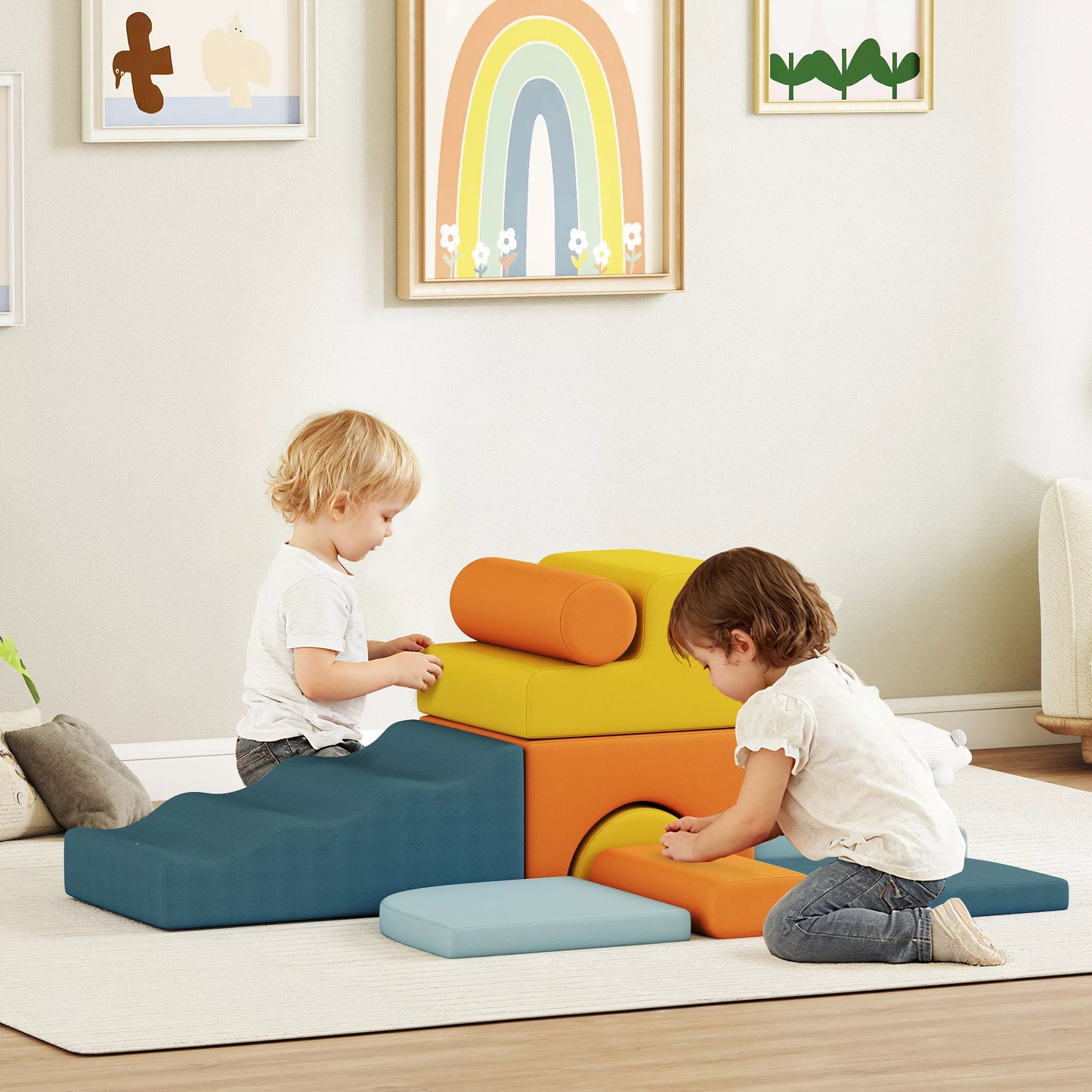 9 dalių minkštų blokelių rinkinys, minkšti blokeliai statyboms ir žaidimams, vidinis žaidimų rinkinys mažyliams, putplastis, spalvotas