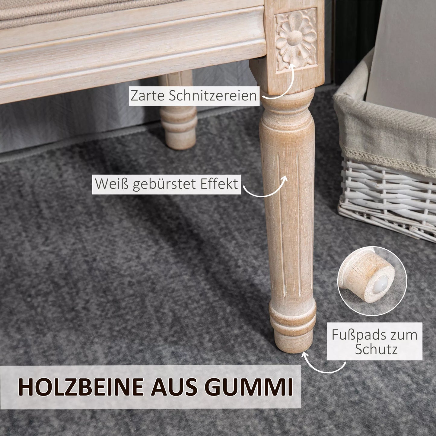 HOMCOM Vintažinio dizaino suolas, sagčių dygsniavimas, tekintos kojelės, Shabby Chic stilius, kreminė + balta spalva