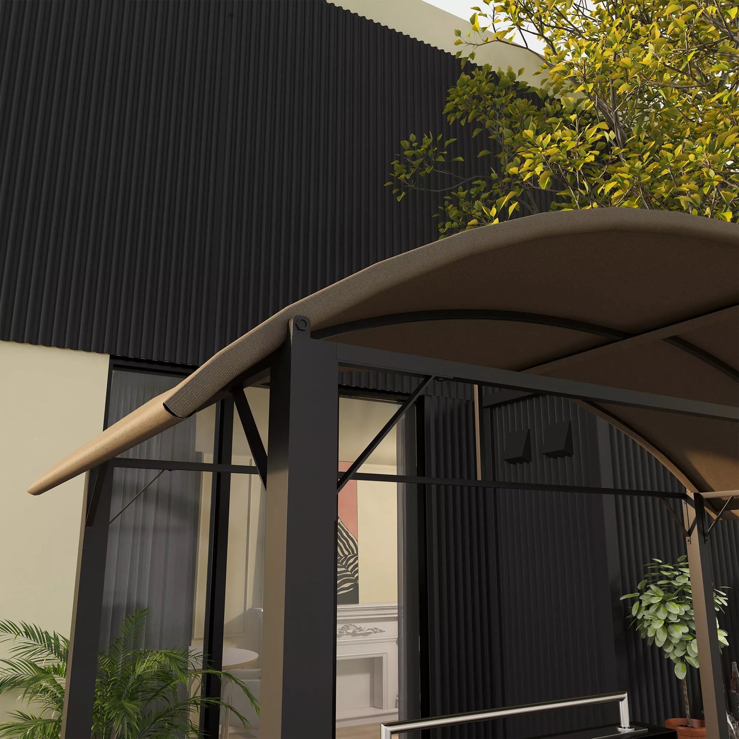 Grilio pavėsinė, 2 šoninės lentynos, kabliukai, plieninis rėmas, 1,1 x 2,3 m, chaki