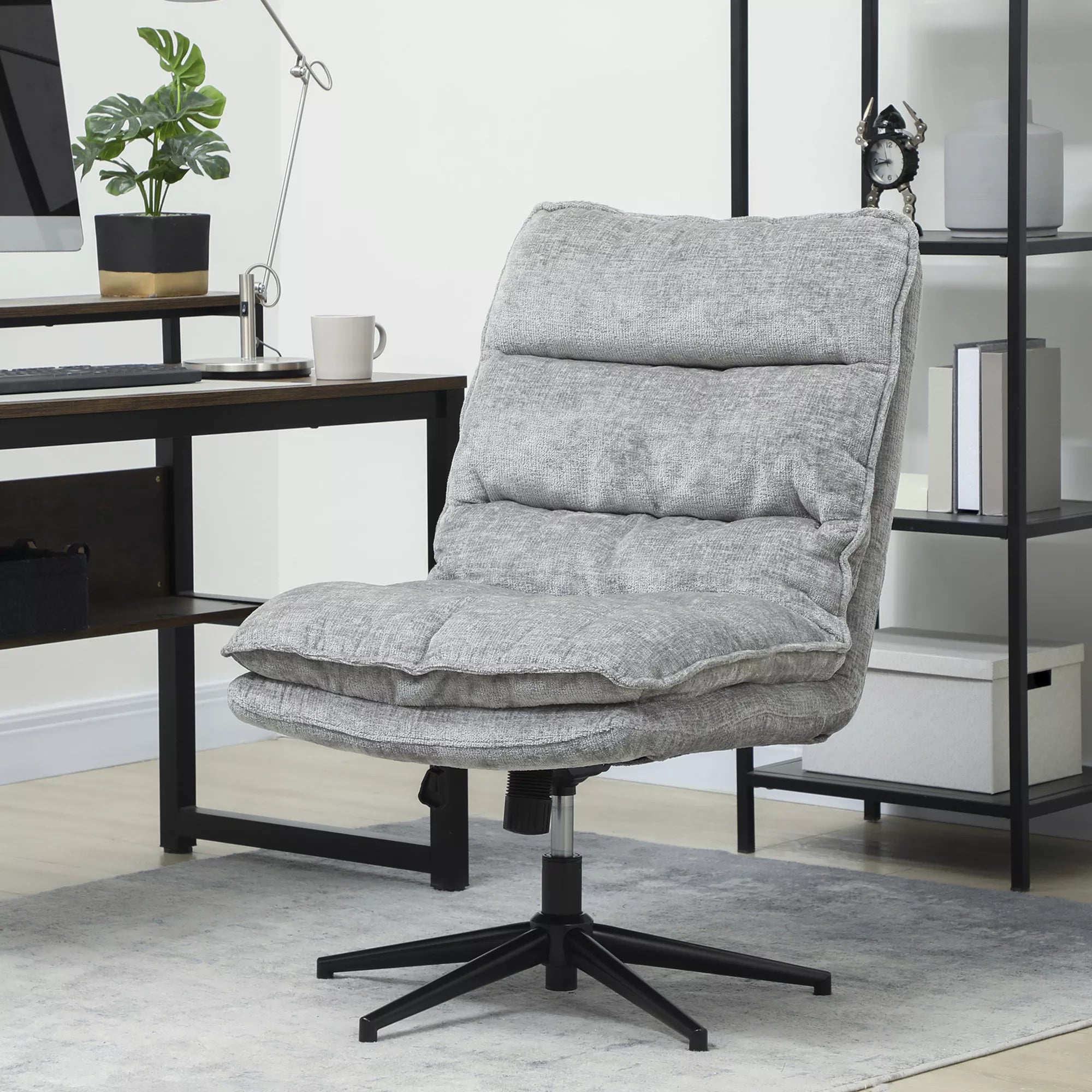 Kėdė be porankių, sukiojama minkšta biuro kėdė su minkštu audiniu, reguliuojamo aukščio, plieninės kojos, pilkos spalvos