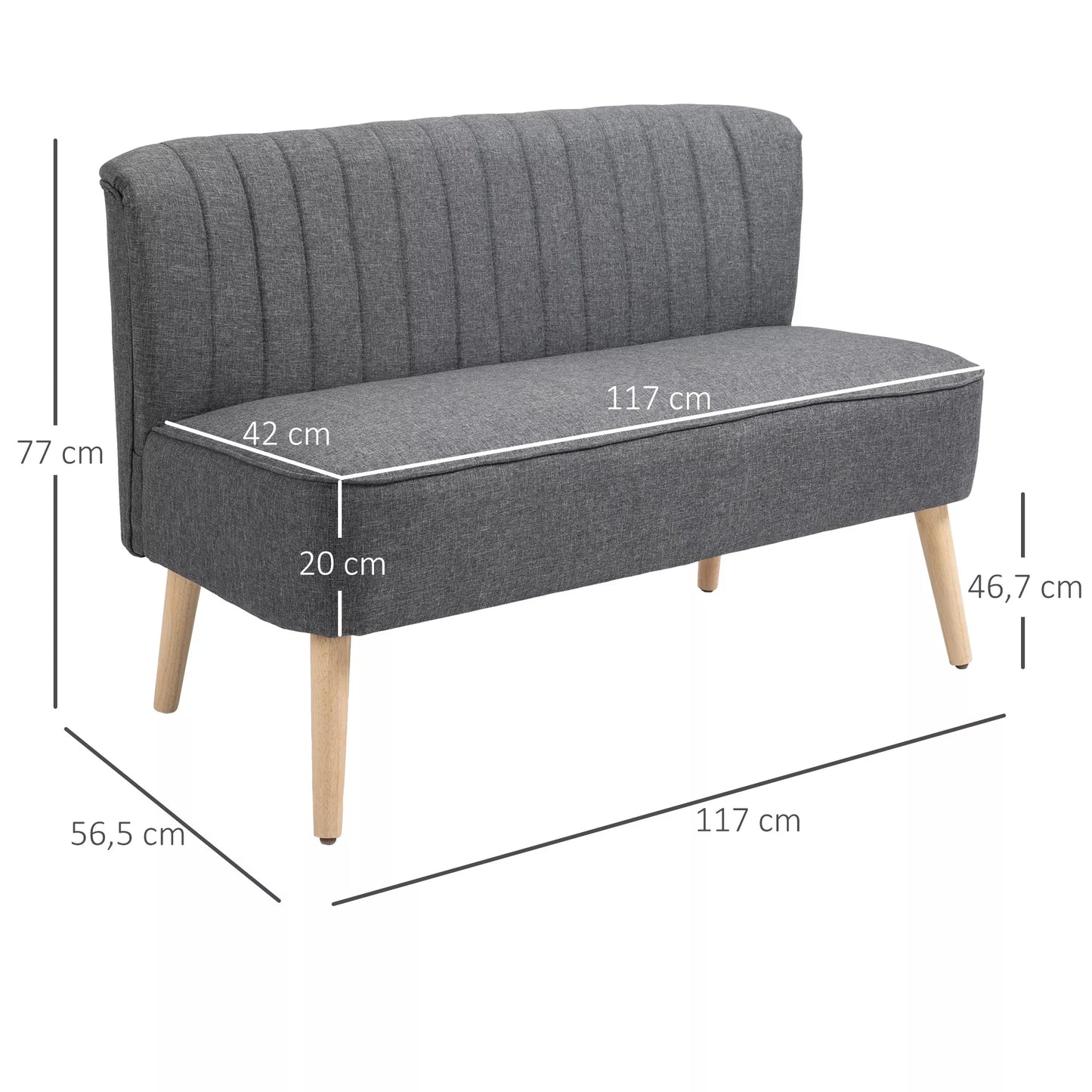 Dviejų vietų sofa, minkštas paminkštinimas, lengvai prižiūrimas užvalkalas, iki 150 kg, 117 x 56,5 x 77 cm, tamsiai pilkos spalvos