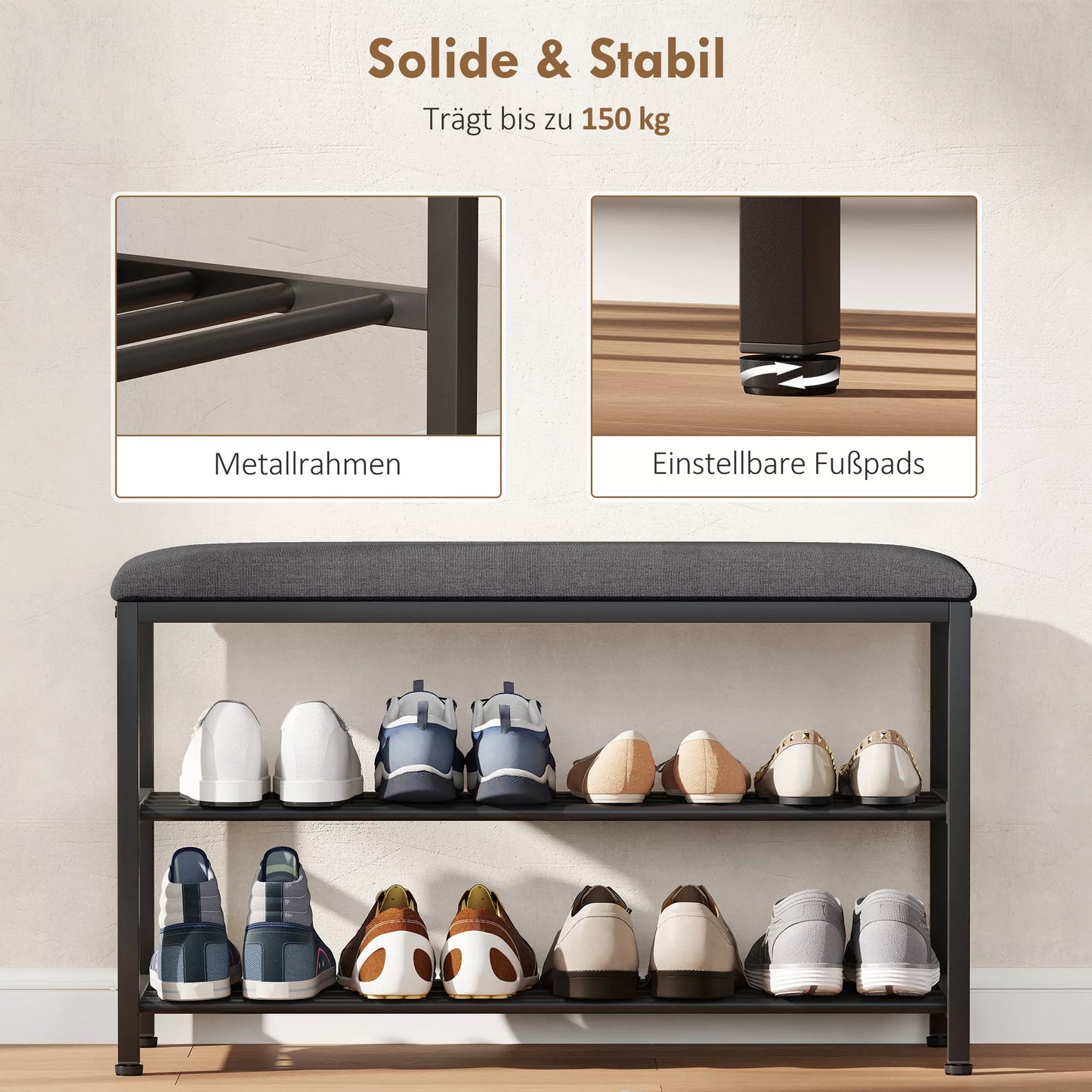 Batų spintelė su sėdimoji vieta, suoliukas su daiktų laikymo vieta, batų lentynos su 2 atviromis lentynomis, suoliukas 81 x 31 x 50 cm Juoda