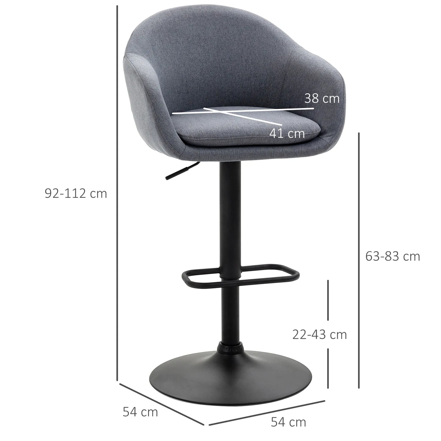 HOMCOM Baro kėdė, reguliuojamo aukščio, su atlošu ir atrama kojoms; lininiu paviršiumi, 54 cm x 54 cm x 112 cm, Pilka