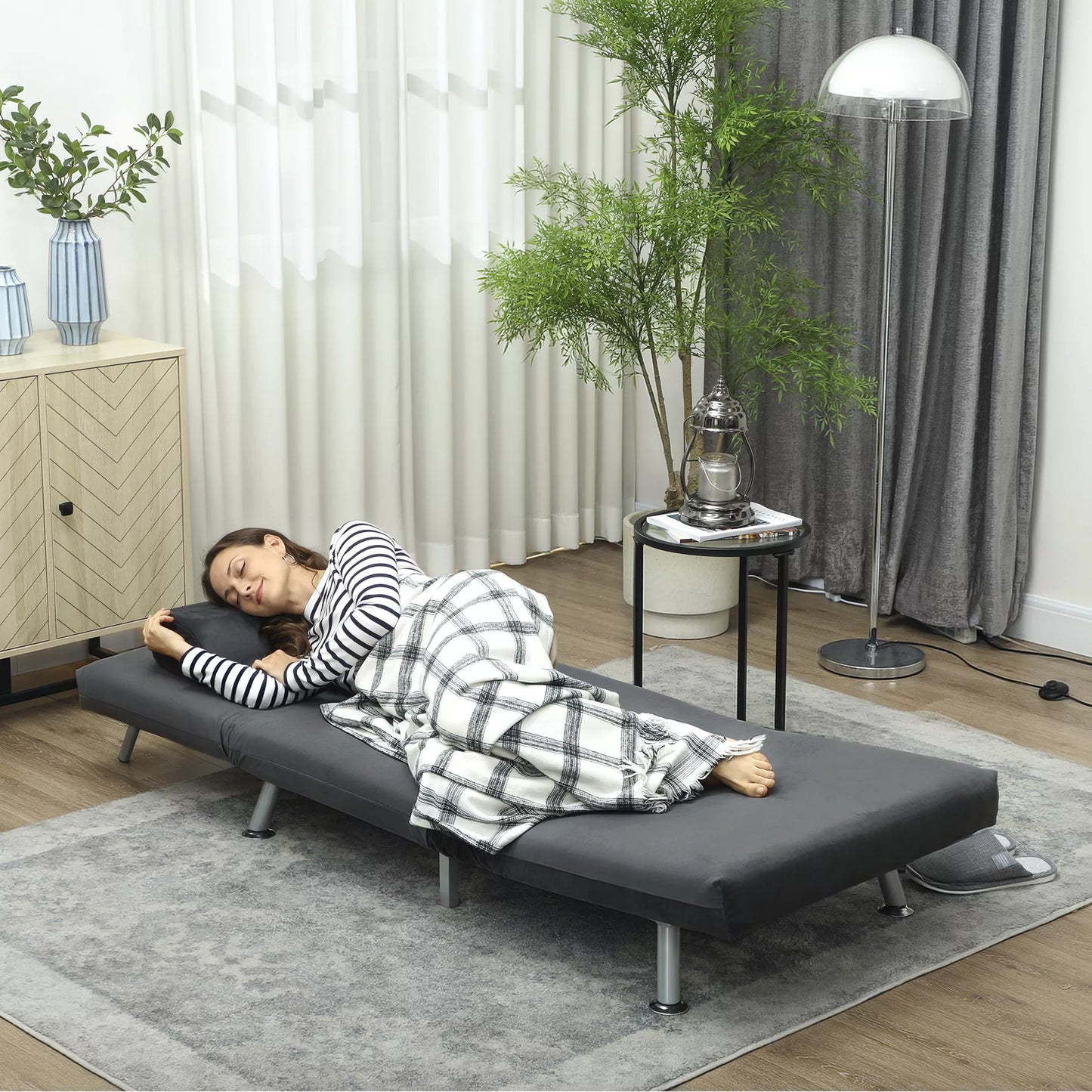 Sulankstomas fotelis su miegojimo funkcija, sulankstomas relaksacinis krėslas su aksomo išvaizda, Reguliuojama atlošas, 75 x 70 x 75 cm, Tamsiai pilkas