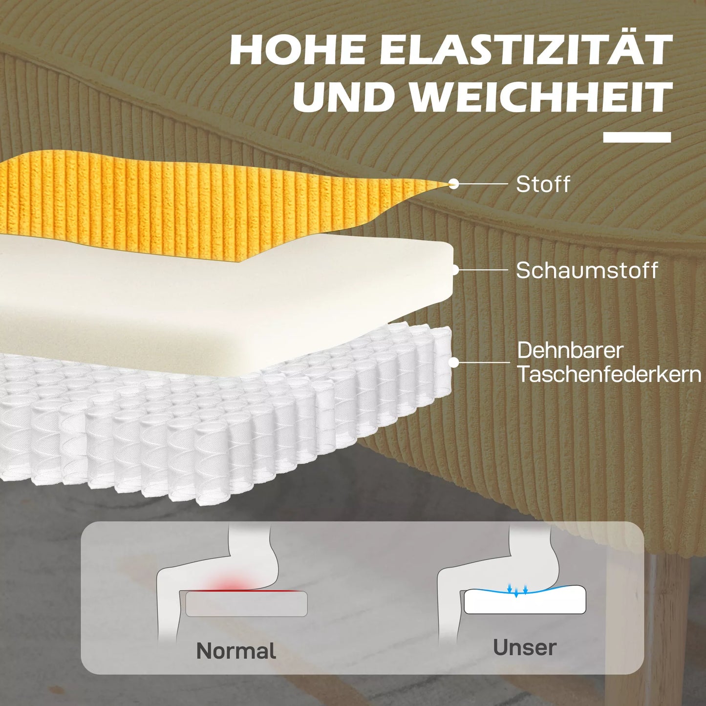 Dviejų vietų sofa, elegantiškas skandinaviškas dizainas, masyvus medinis rėmas, iki 150 kg, 117 x 56,5 x 77 cm, geltona.