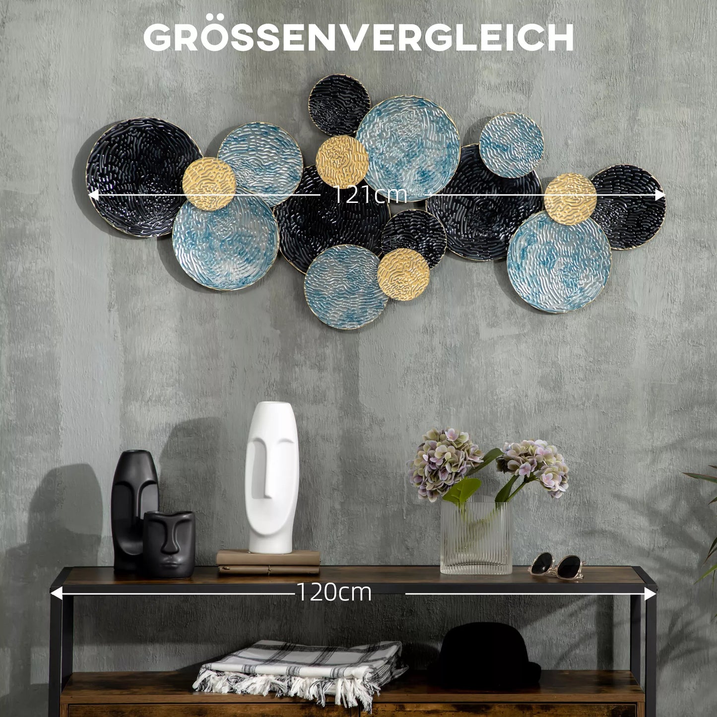 3D sienų dekoracija su apskritimais 121 cm x 4 cm x 53 cm Metalo Mėlyna + Juoda