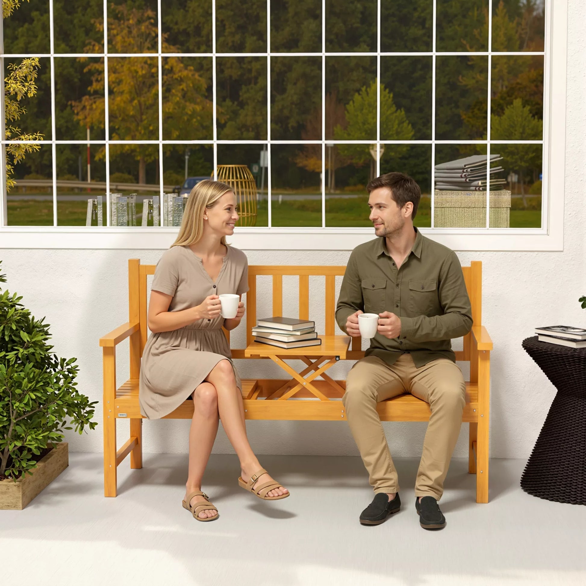 Medinis lauko suolas su atlenkiamu staliuku, pušis, 153x56x91 cm