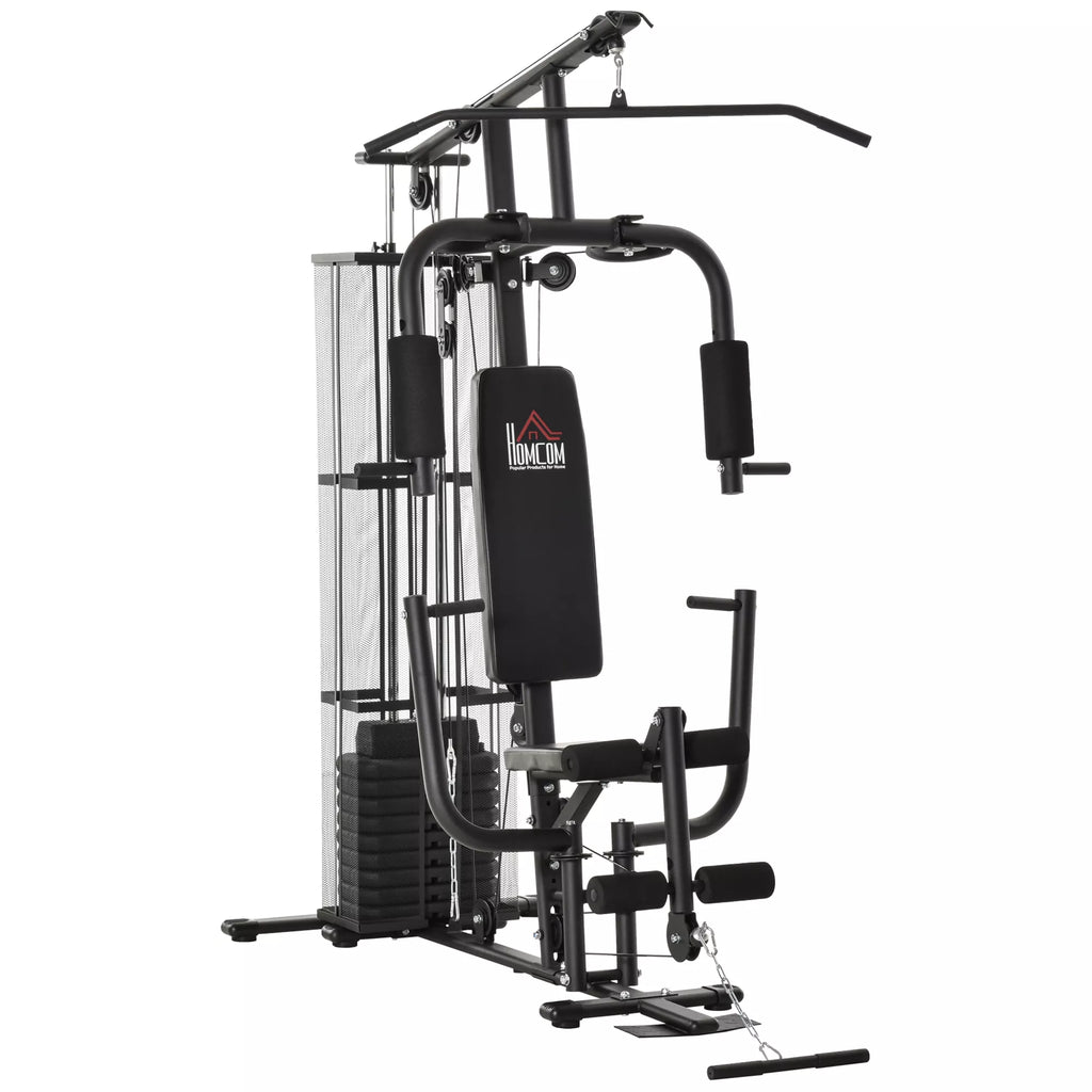 Jėgos stotis „Fitnessstation“ daugiafunkcinis treniruoklis jėgos treniruotėms su virve, 45 kg svarmenimis, juodos spalvos