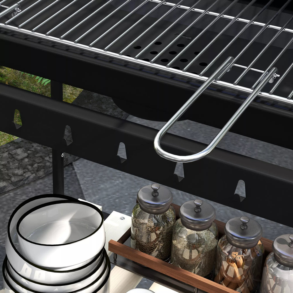 Metalinis anglies grilis BBQ Smoker su ratukais, aukščio reguliuojamas grotelių aukštis, medienos dėklas 103x47x95 cm Juodas