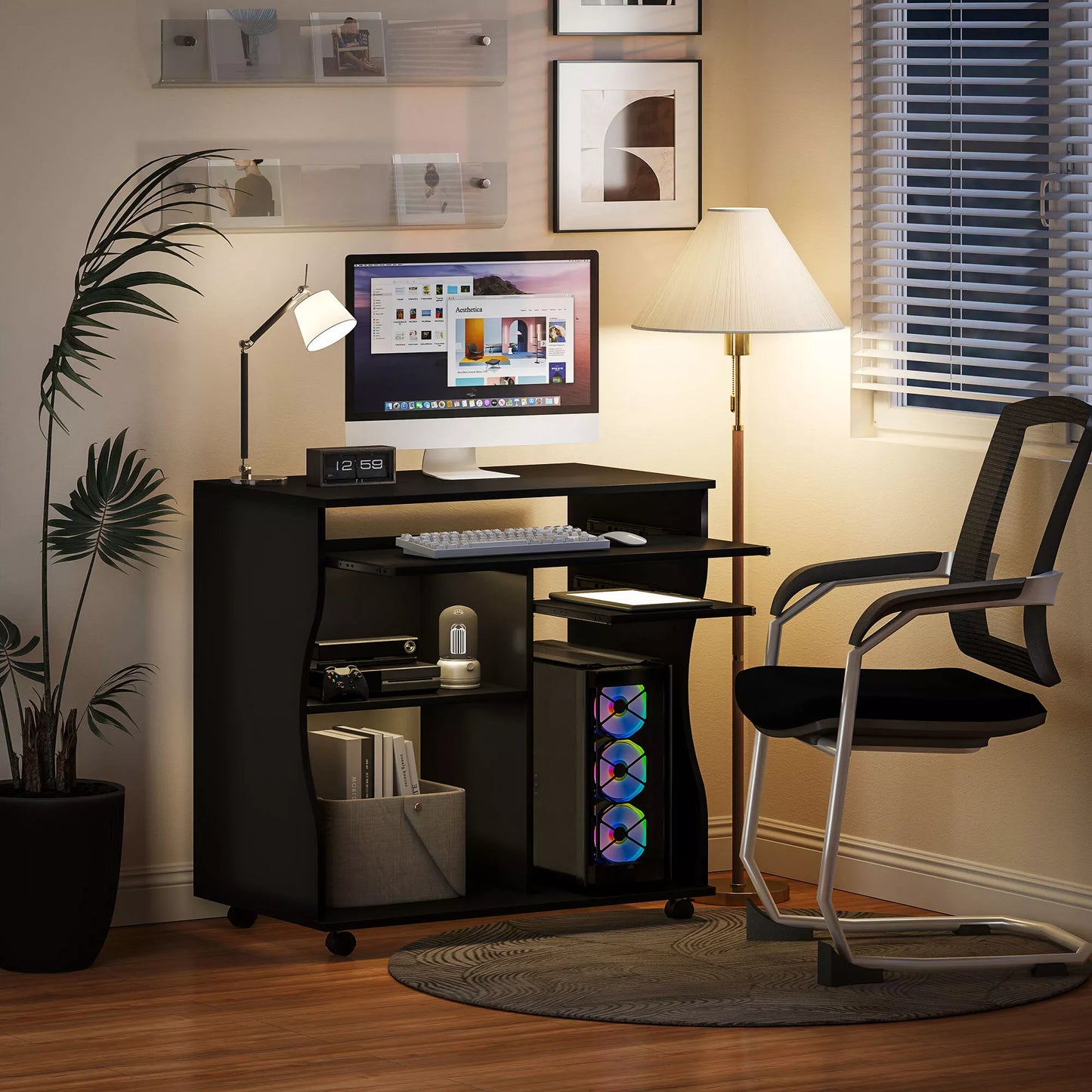 Juodas kompiuterio stalas su ratukais ir daiktadėže, 80 x 48 x 75 cm