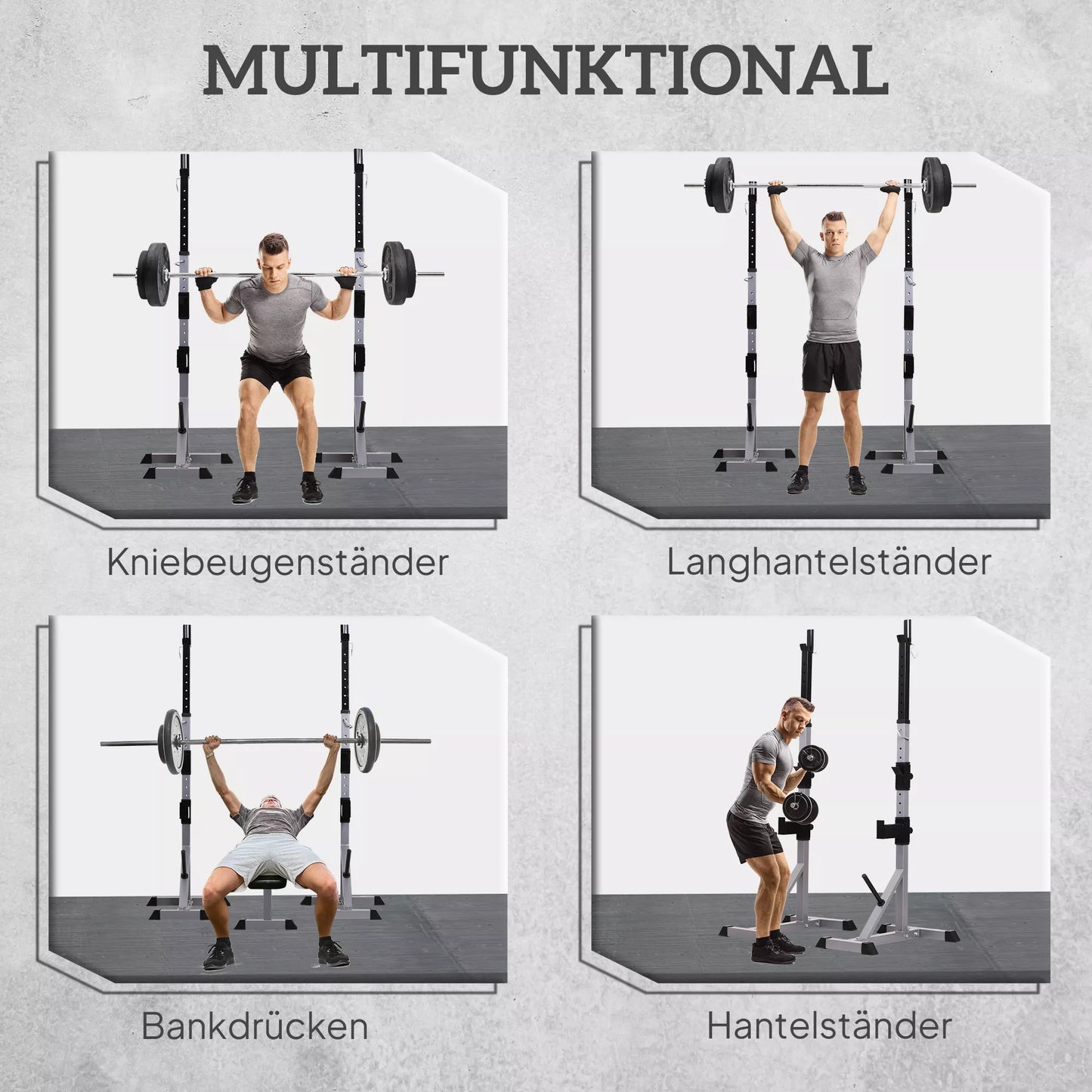 2 vnt. svarmenų stovas, 3 lygmenų, reguliuojamas aukštis, plieninė svarmenų lentyna, atlaiko iki 200 kg, sidabrinė+juoda