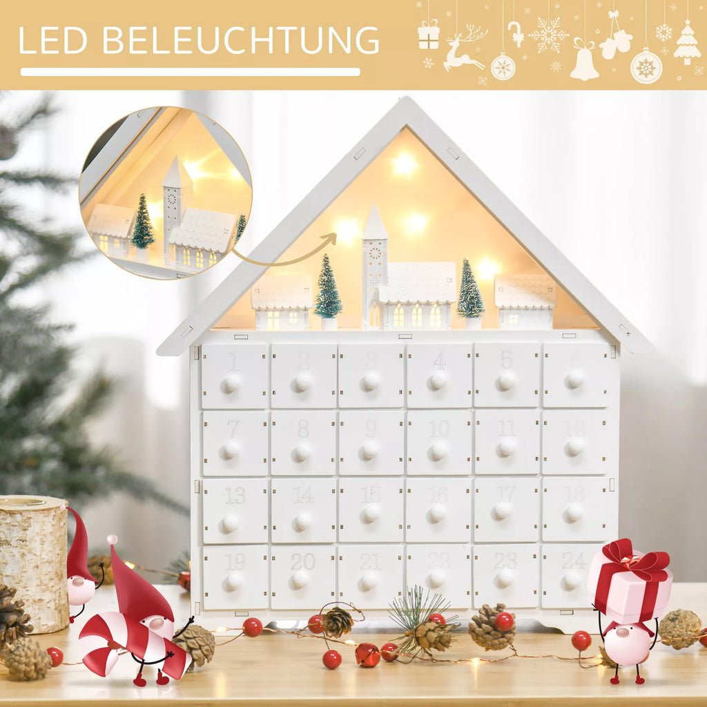 Advento kalendorius Kalėdinė puošmena, 24 stalčiukai, LED lemputės, 39 cm x 9 cm x 42 cm, Balta + Žalia