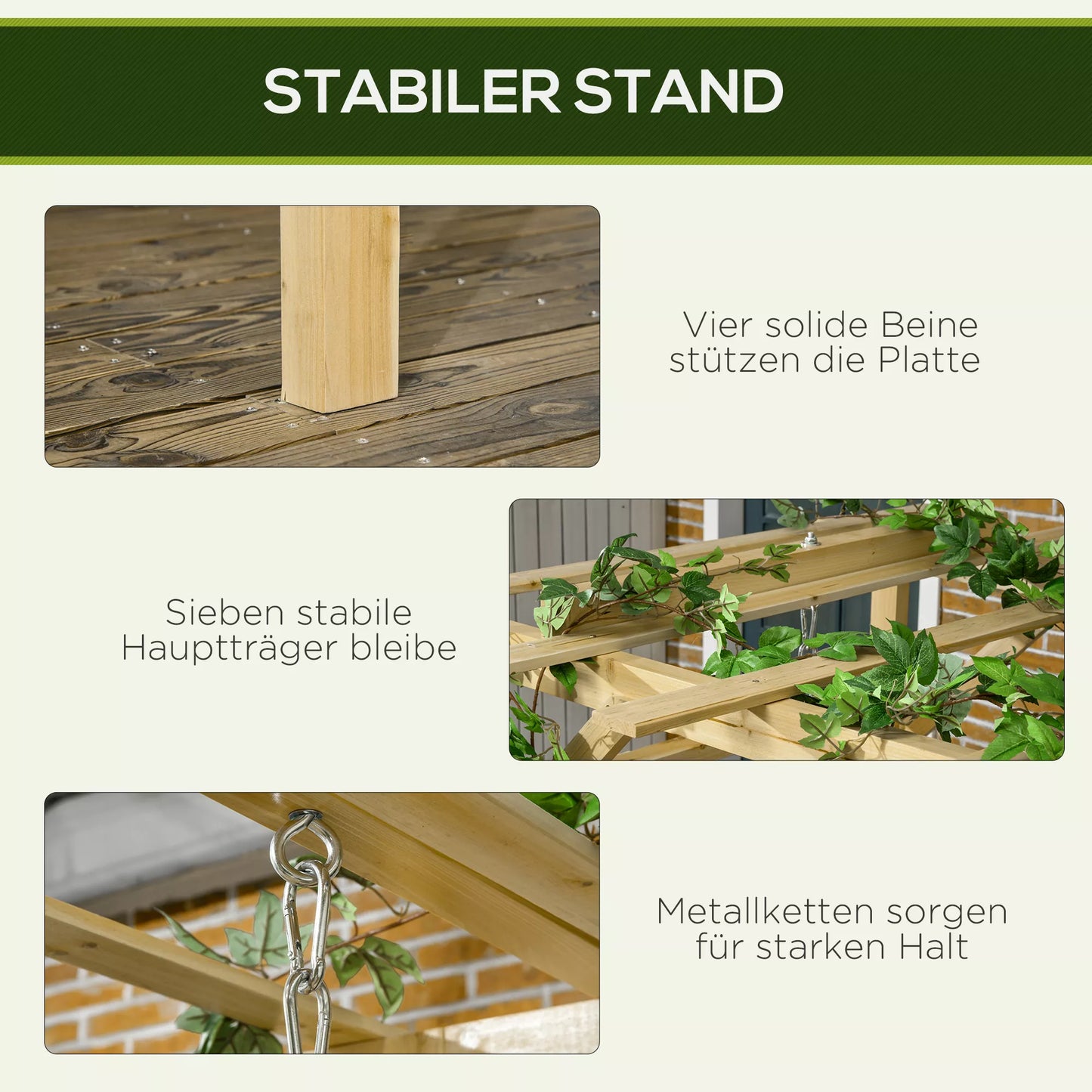 Sūpynės su pergola, 2 asmenims, reguliuojamo aukščio, masyvi medinė konstrukcija, 2,21 x 1,40 x 1,96 m