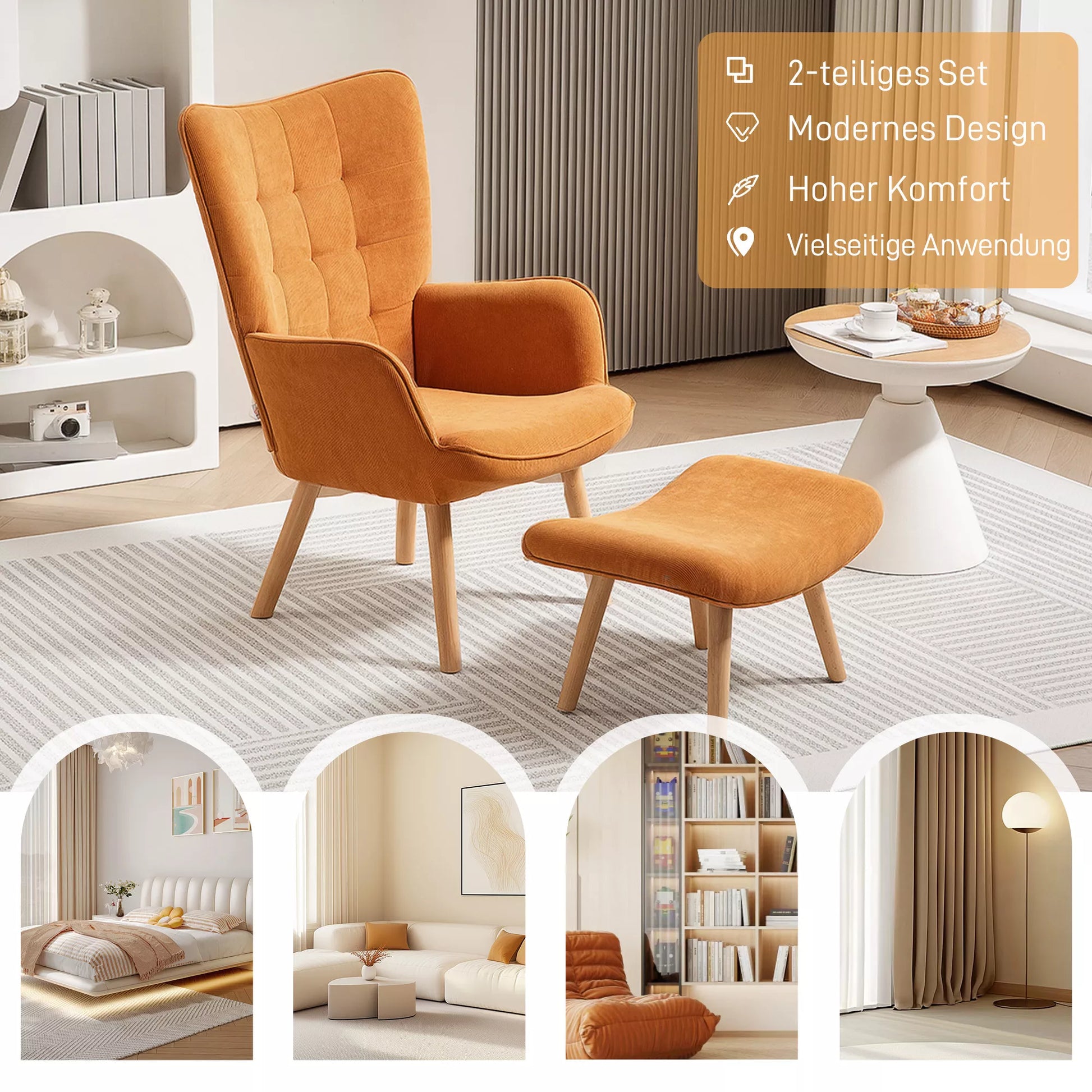 Akcentinis fotelis su taburete, poilsio fotelis su velveto apmušalu, fotelis su medinėmis kojomis, skirtas svetainei, rudos spalvos