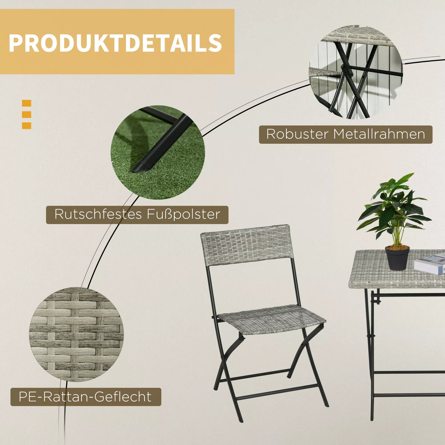 Outsunny 3 dalių sodo baldų komplektas, 2 sulankstomos kėdės, 1 sulankstomas stalas, rotango imitacija, metalinis rėmas, šviesiai pilkas