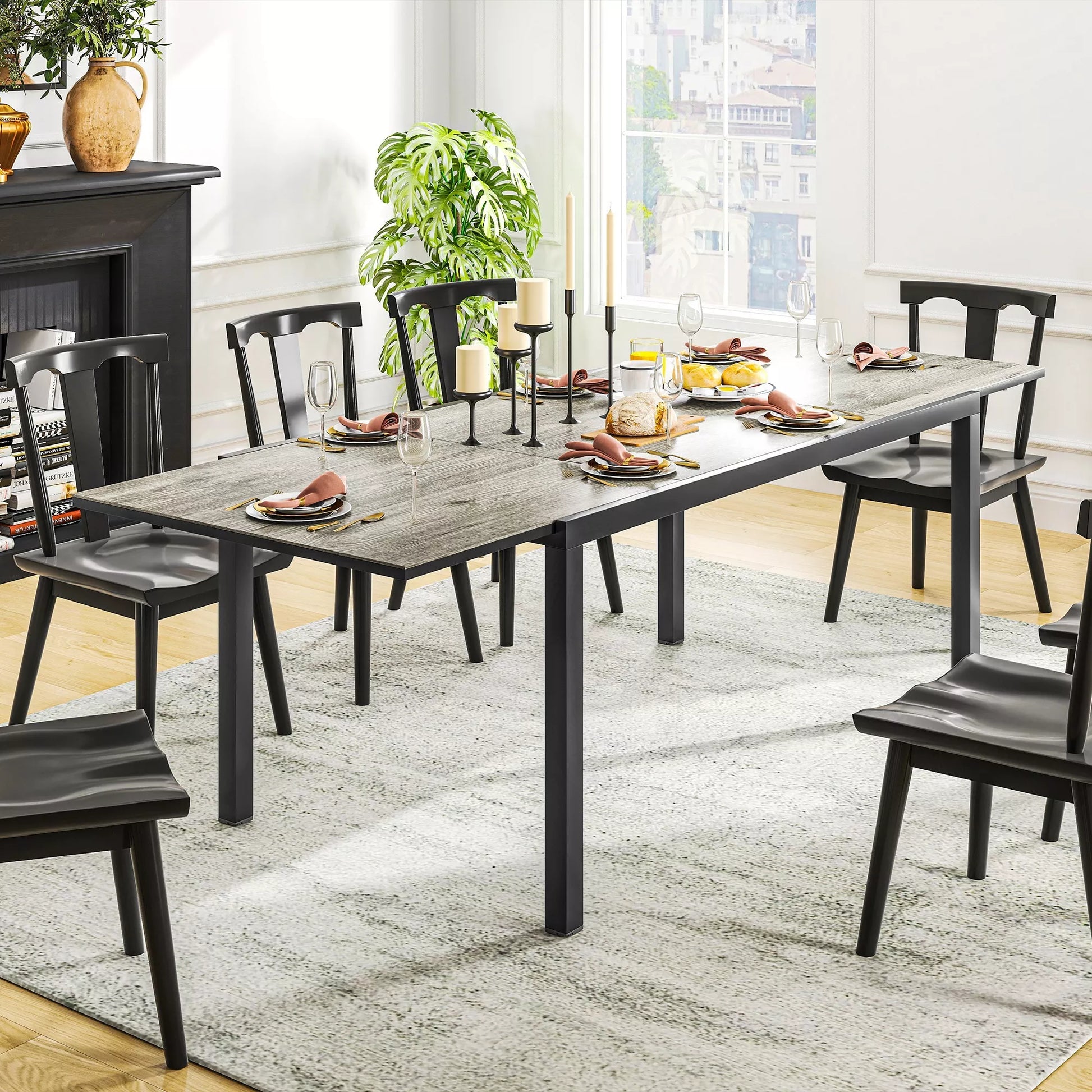 Ištraukiamas valgomojo stalas 6–8 asmenims, reguliuojamas lauko stalas iš aliuminio, plieno, plastiko, medžio imitacijos, pilkos spalvos