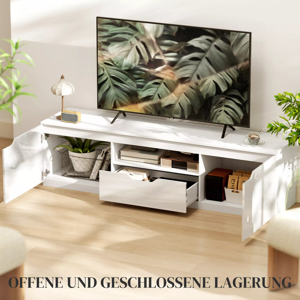 TV spintelė, blizgi, skirta televizoriams iki 65 colių, 3 skyriai, stalčius, 160 x 38 x 43 cm, balta