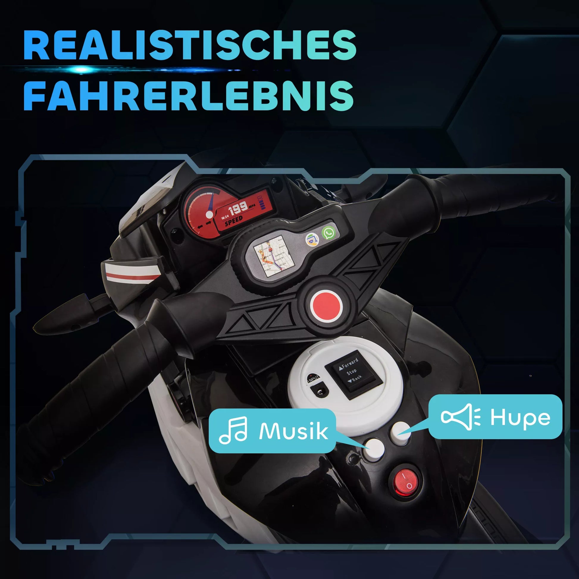 Elektrinis vaikų motociklas, šviesos ir garsai, 3 km/h, įkraunamas, plastikas ir metalas, juodas/baltas