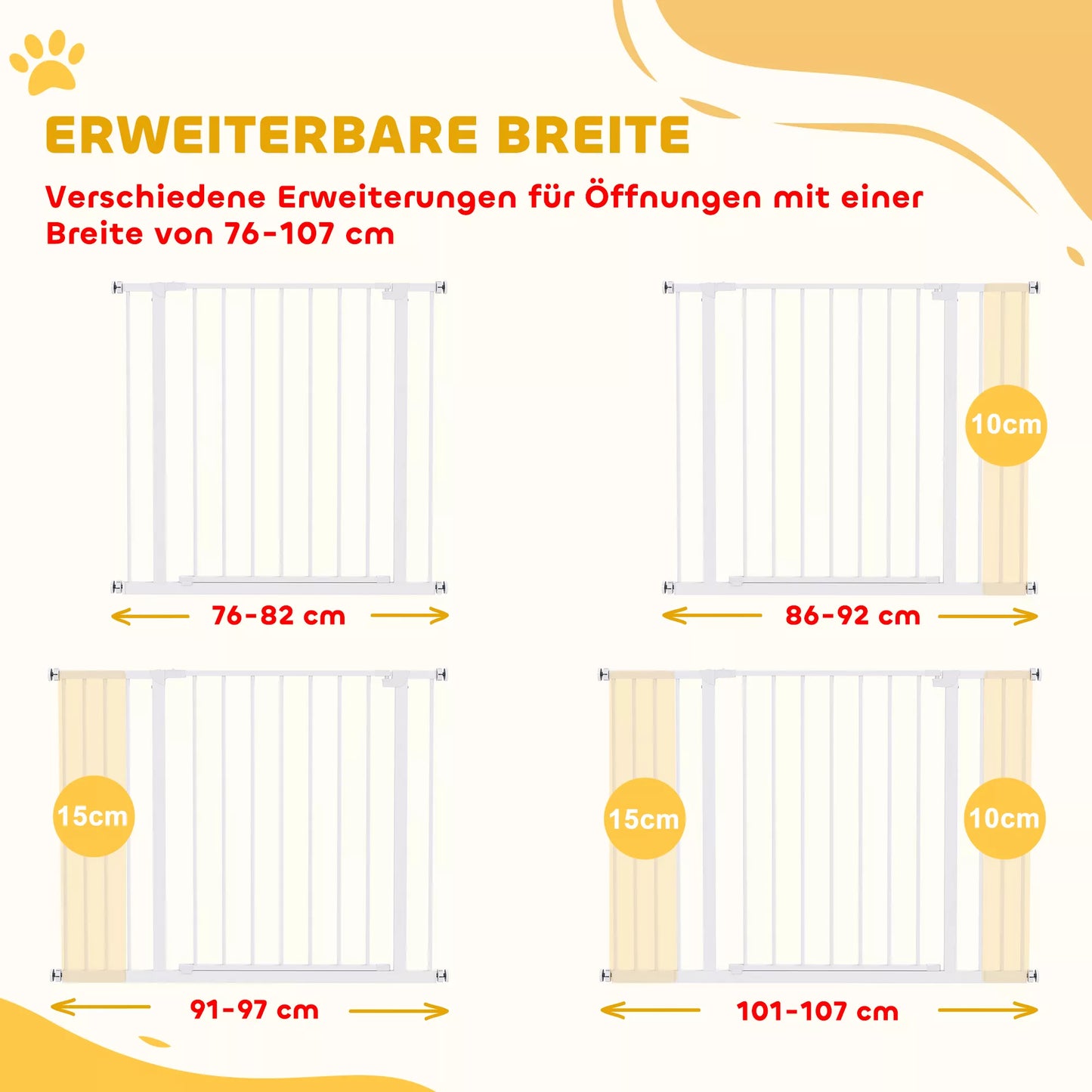 Apsauginiai varteliai durims, laiptų apsauginiai varteliai be gręžimo, atitvaras šunims, apsauginiai varteliai augintiniams, varteliai šunims, tvirtinimas spaustuvu, metalas, baltas, 76-107 x 76 cm