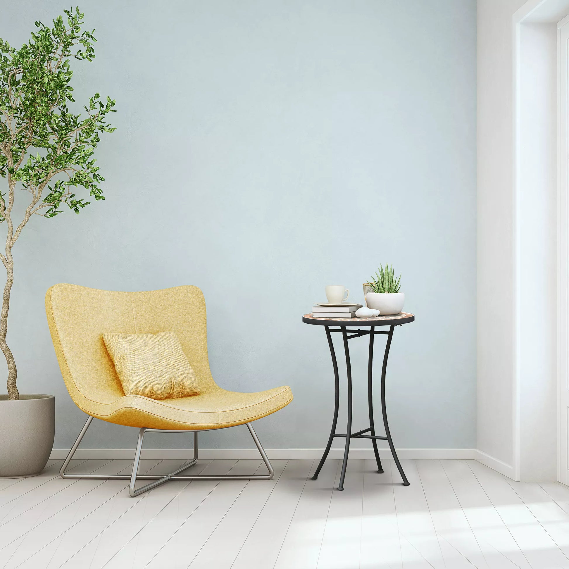 Tvirtas lauko staliukas Ø35,5cm apvalus, atsparus oro sąlygoms, tinklelio stiliaus balkono staliukas su mozaikos raštu, metalinis kempingo staliukas, kavos staliukas svetainei, biurui, lauke ir viduje, geltonas+pilkas