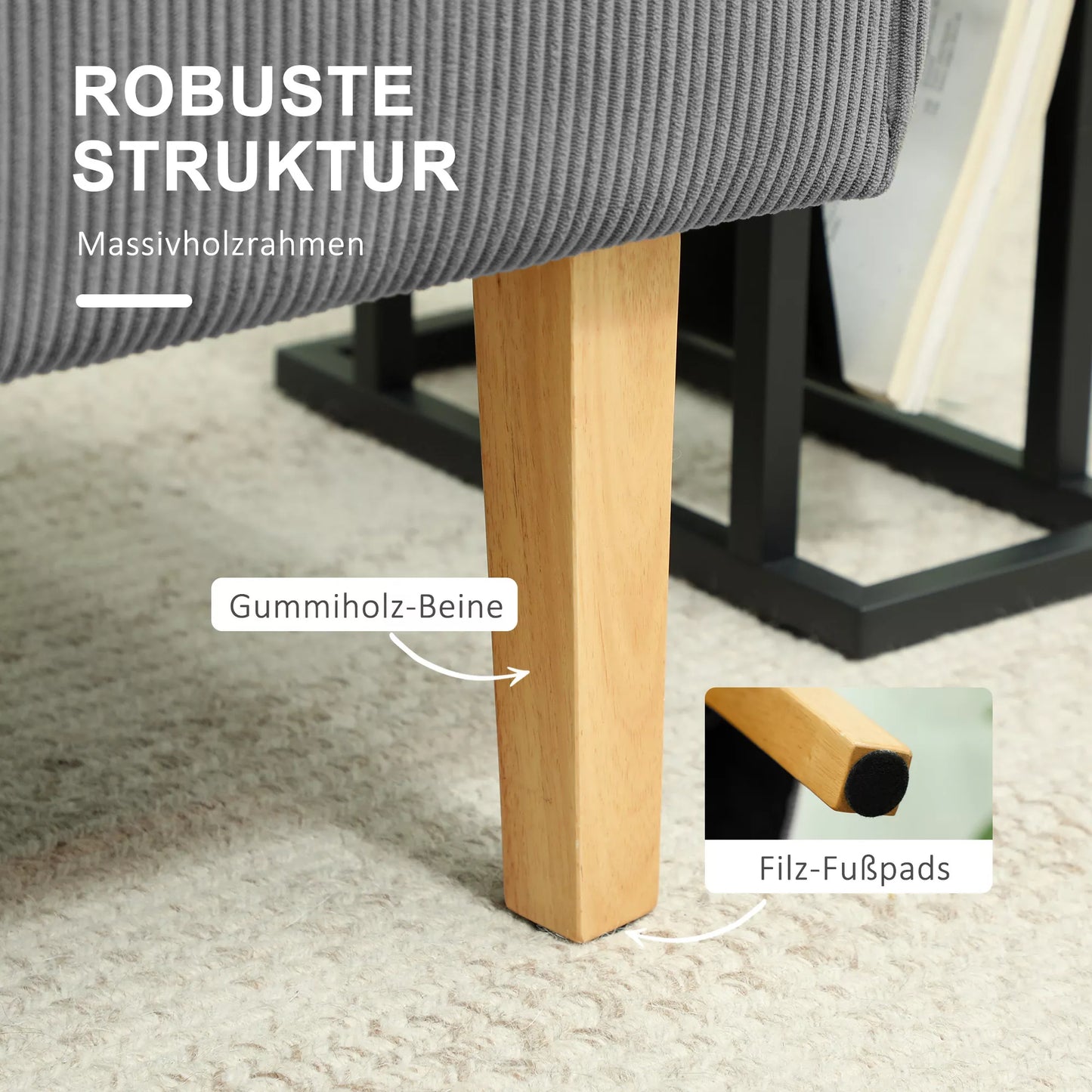 Dviejų vietų sofa su veliūro apmušalu, storu kamšalu ir tvirtomis medinėmis kojelėmis svetainei, miegamajam, biurui, pilka