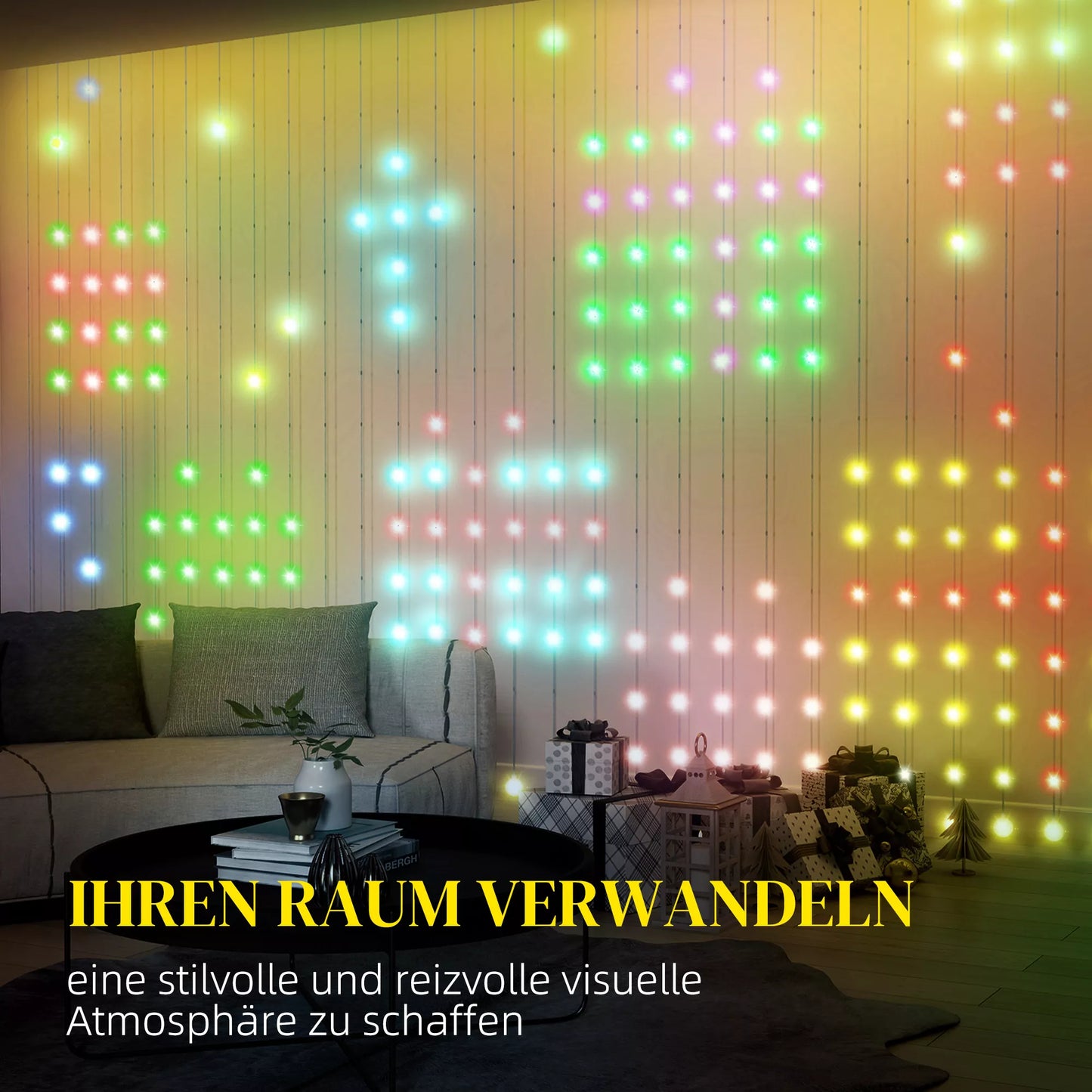 Užuolaida su 400 LED žiburėlių, dinamiškos girliandos su muzikos sinchronizavimu miegamajam, svetainei, 3 x 3 m
