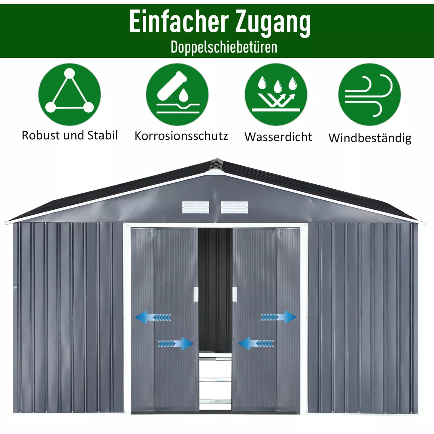 Sodo namelis įrankiams, atsparus oro sąlygoms, su ventiliacijos langais, stumdomomis durimis, plieninis, anglies pilkumo