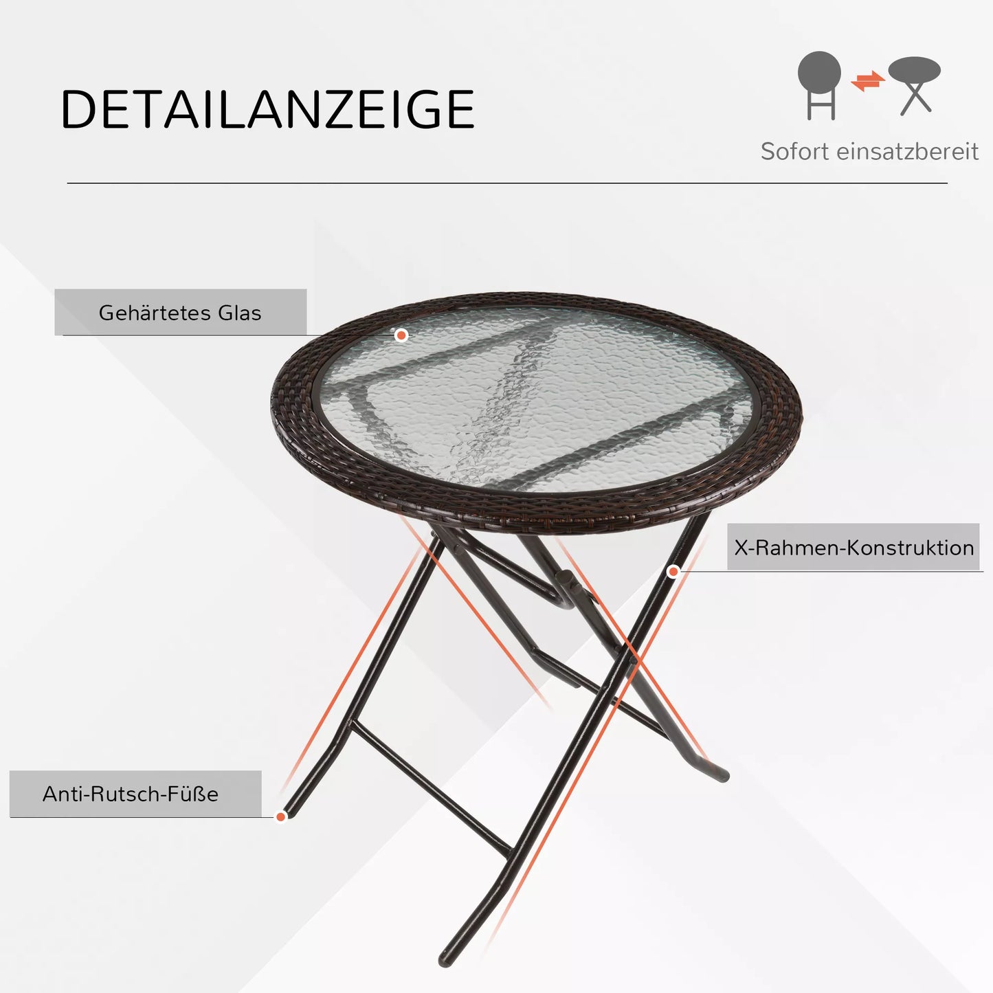 Sulankstomas sodo stalas, grūdinto stiklo stalviršis, plieno rėmas, rudos spalvos rotango imitacija, 68 x 68 x 73 cm