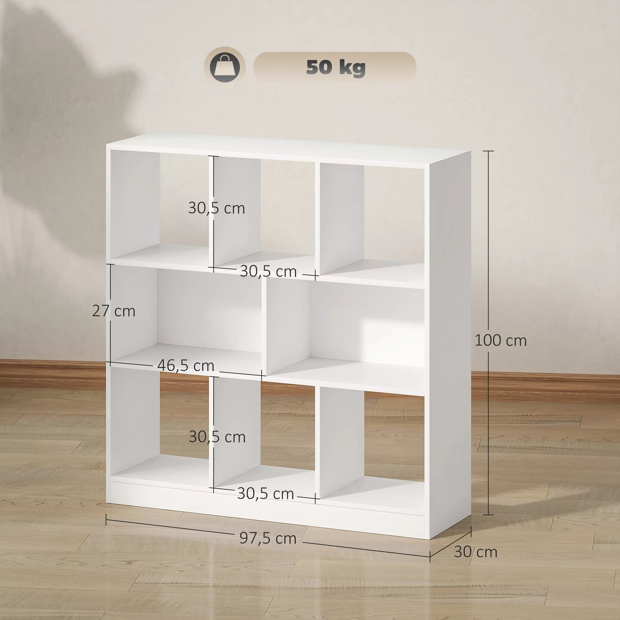 Infografika su baltos knygų lentynos matmenimis: 97,5 cm plotis, 100 cm aukštis, 50 kg talpa