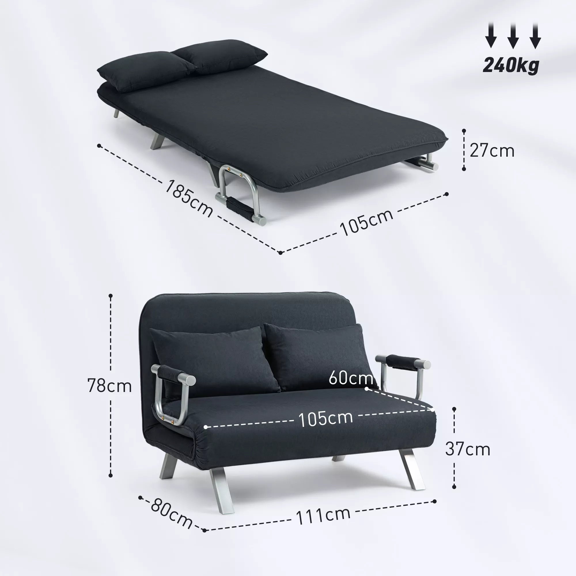 Miegamoji sofa, 5 padėčių reguliuojama, dirbtinio zomšo, plieninis rėmas, su pagalvėlėmis, juodos spalvos