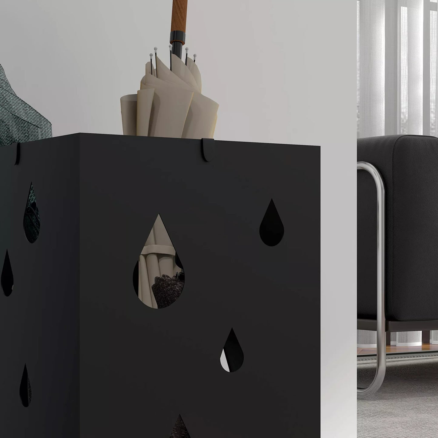 Skėčių stovas, 4 kabliukai, dėklas lašams, plienas, juodas