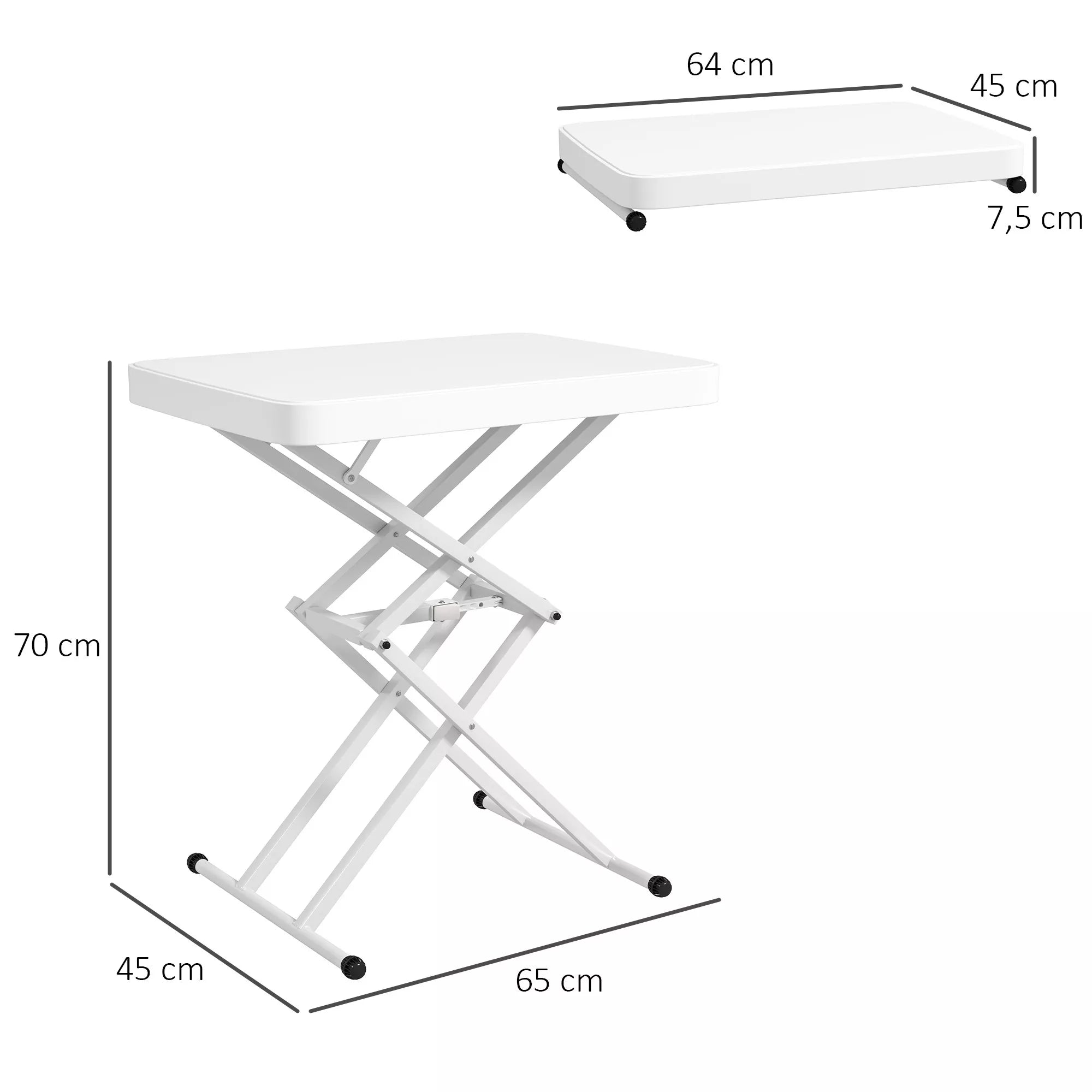 Sulankstomas sodo staliukas su šešiomis reguliuojamo aukščio padėtimis, mobilus balkono stalas, plastikas ir metalas, 76x50x74 cm, balta