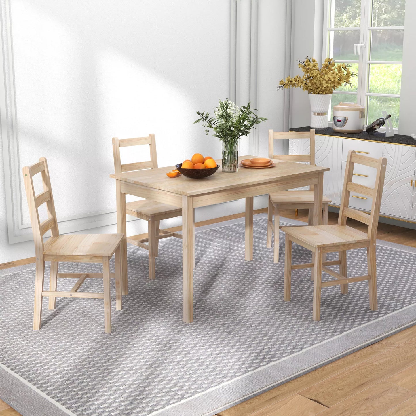 5 dalių valgomojo komplektas: valgomojo stalas su kėdėmis, masyvinio medžio, 118 cm x 73 cm x 75 cm, natūralus