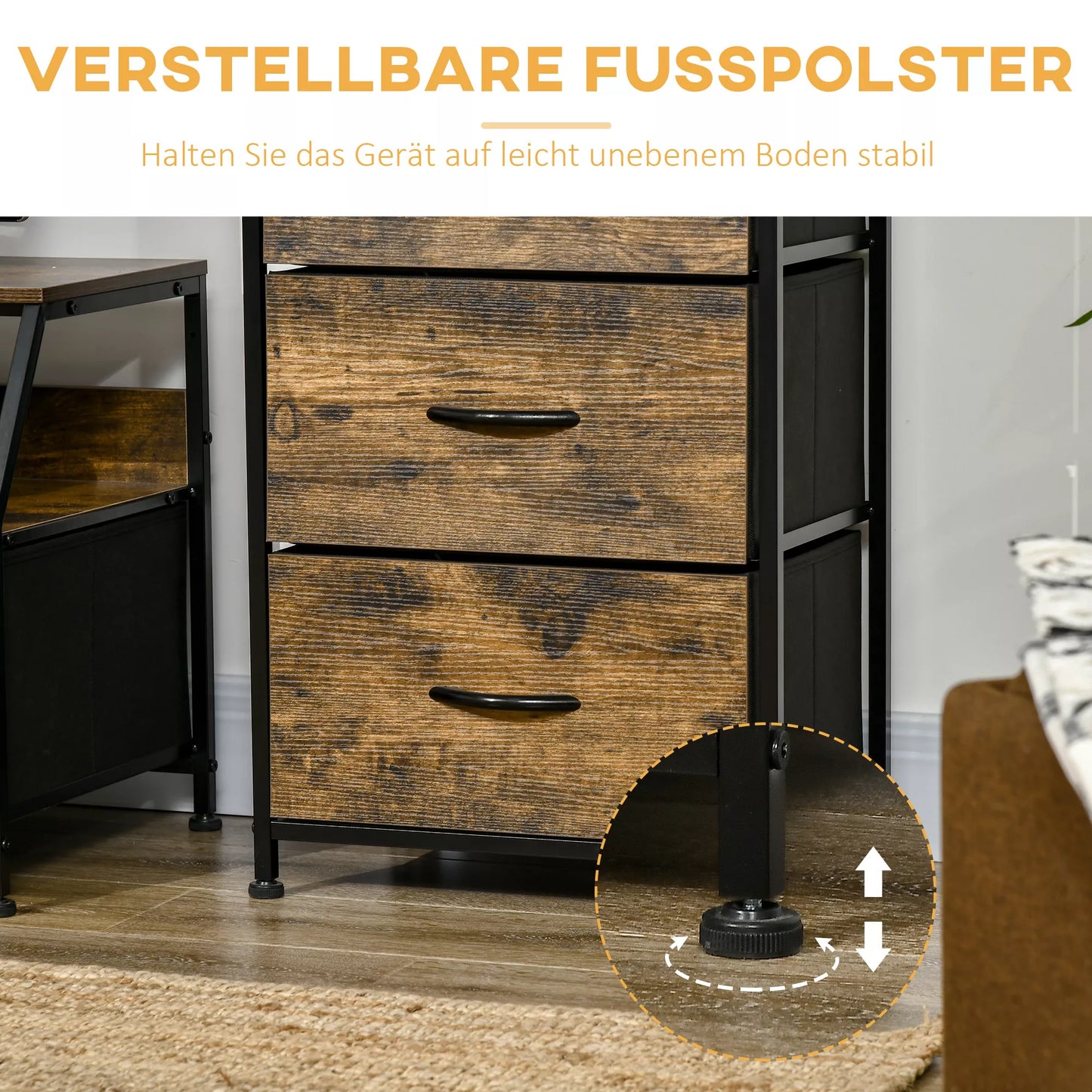 Sandėliavimo spintelė, audinių stalčiai, MDF lentynos, plieno rėmas, ruda